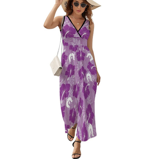 Hibiscus flowers with Dhari (Royal purple) on V Neck Sleeveless Dress