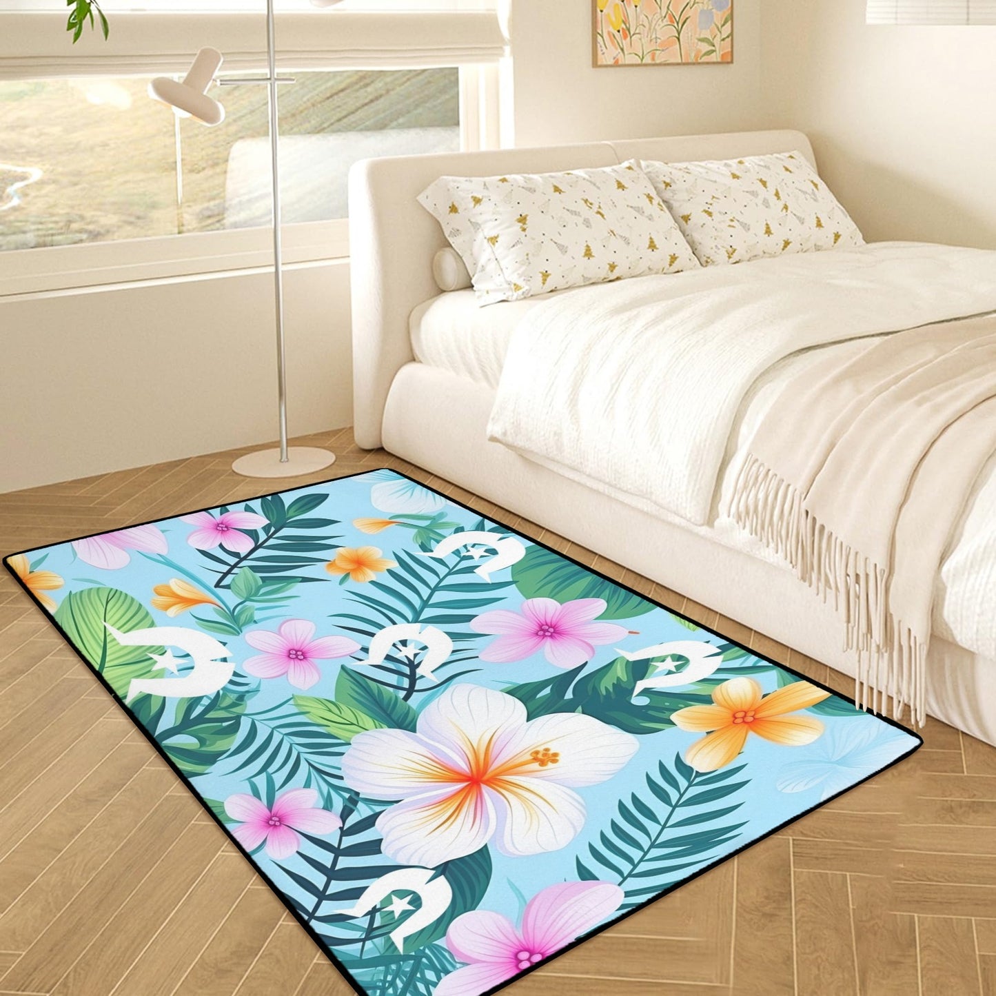 Light Pink Hibiscus flowers with White Dhari on Doormat (90x61cm) (Set of 3)