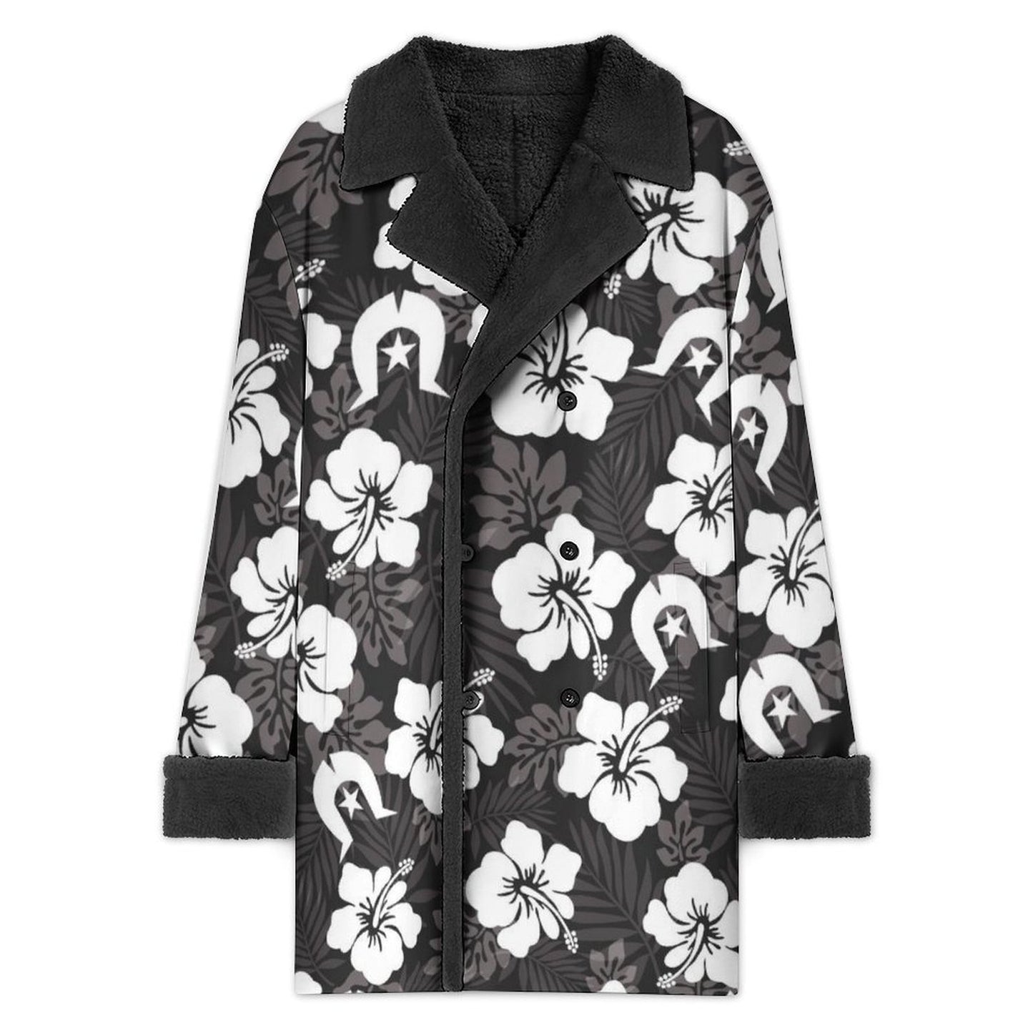 White Hibiscus and Dhari (Black) on Men's Double Breasted Coat