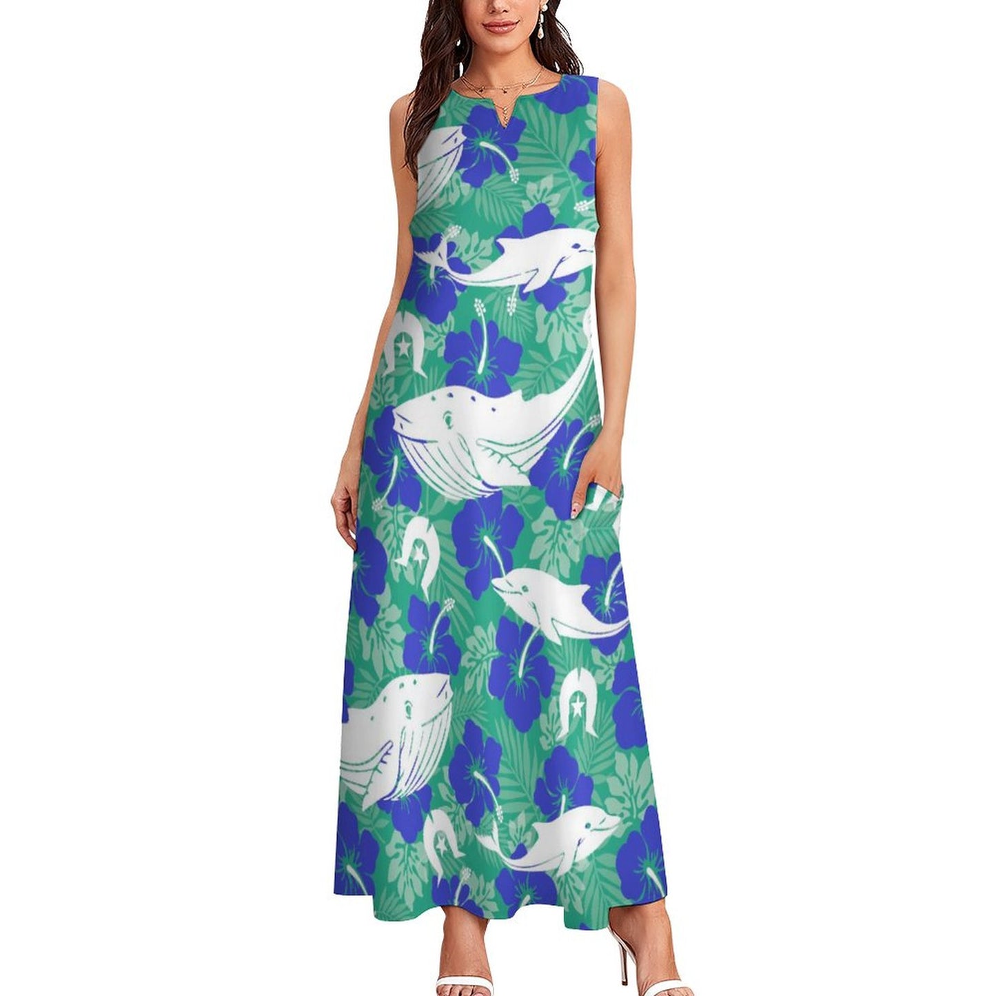 Royal Blue Hibiscus flowers with Whale, Dolphin and Dhari on Sleeveless Ankle-length Dress