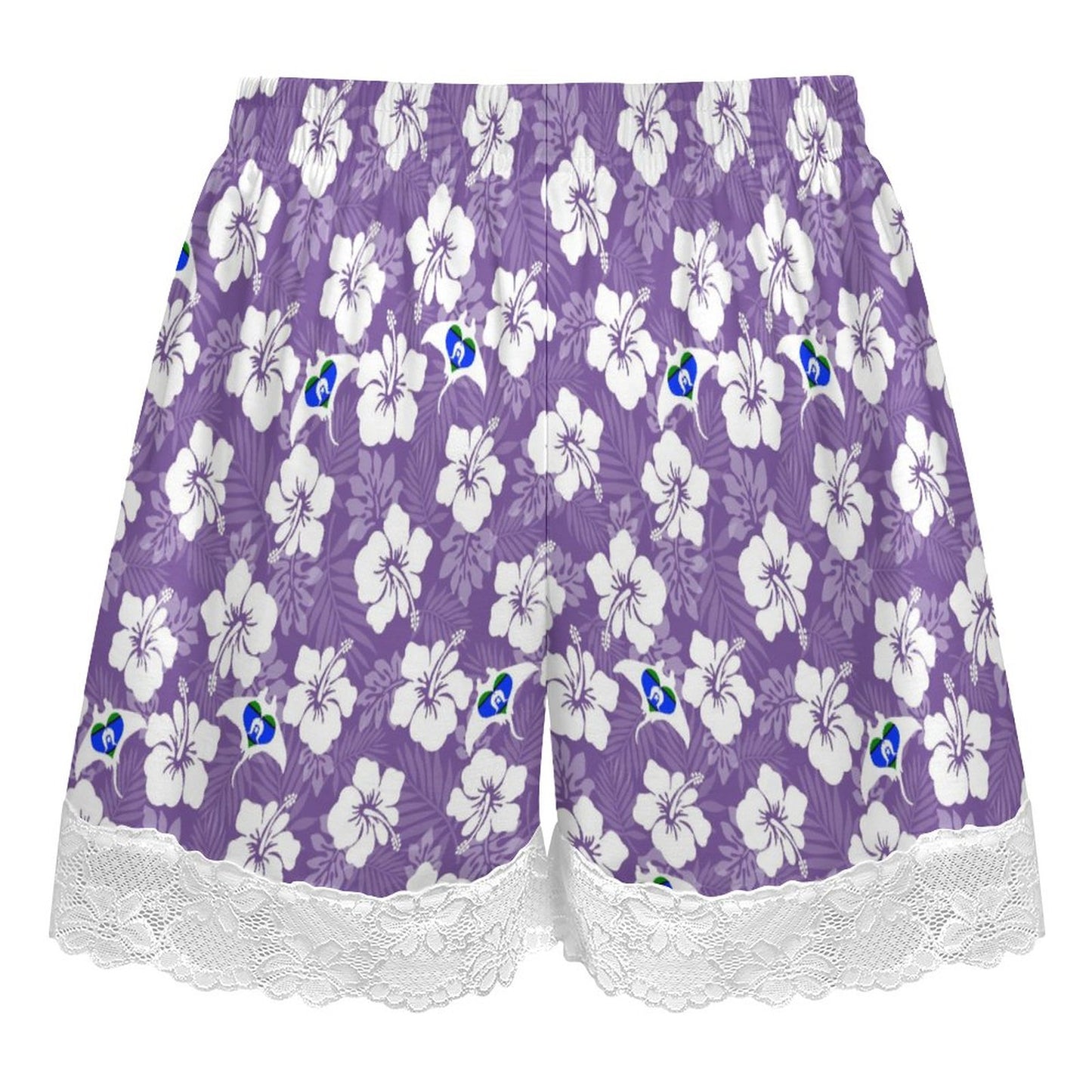 White Hibiscus with Torres Strait flag in Stingray (Purple) on 200gsm Women's Lace Trim Pajama Shorts