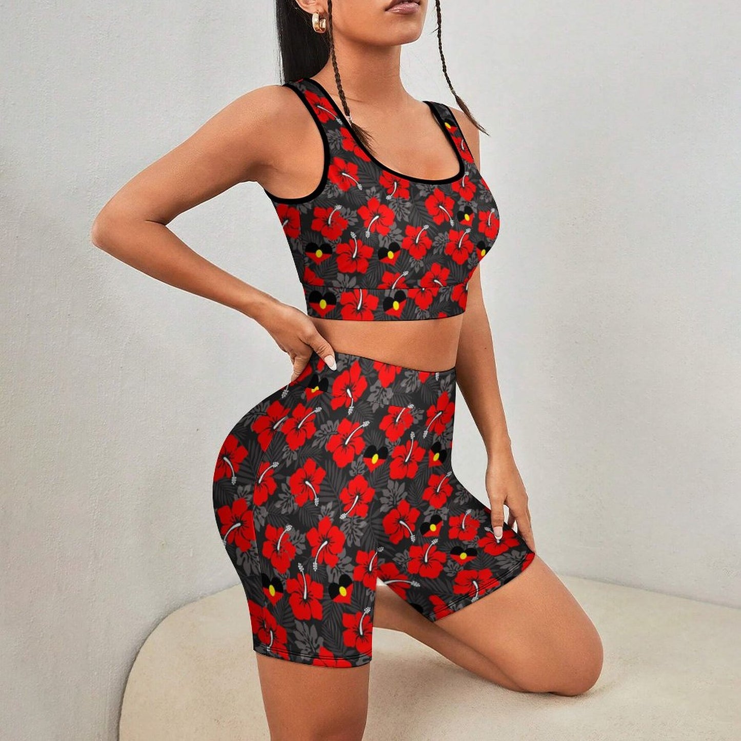 Royal Red Hibiscus and heart shaped Aboriginal flag on Yoga Workout Outfits