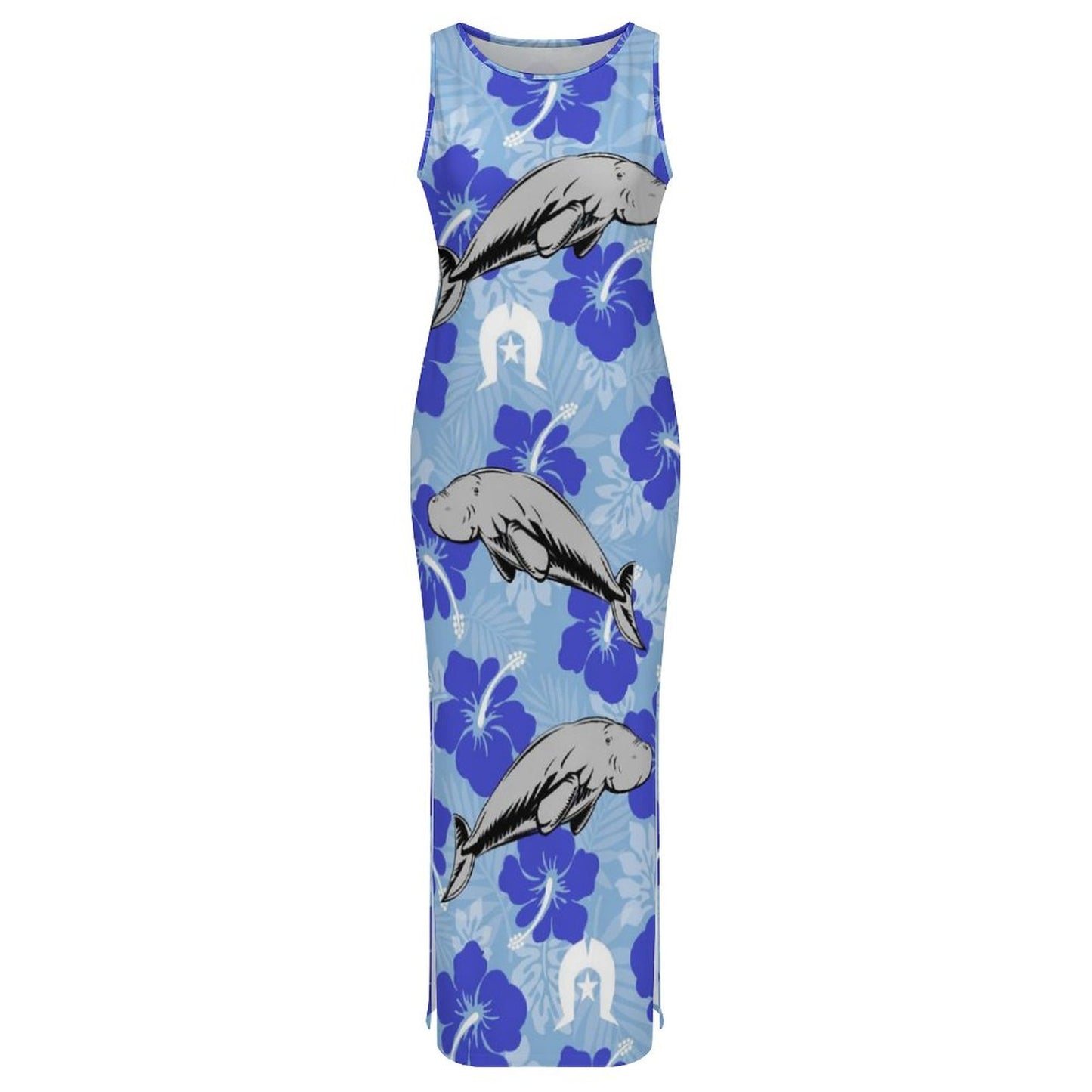 Hibiscus flowers with White Dhari and Dugong (Sky blue) on180gsm Slit Fitted Camisole Cheongsam