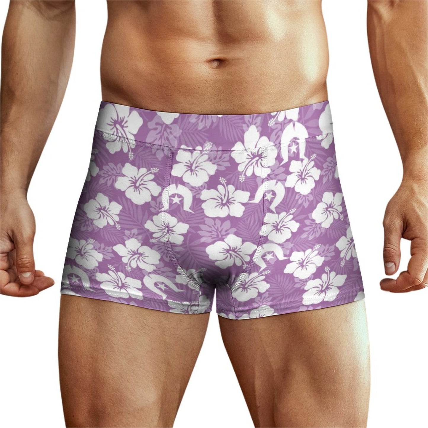 White Hibiscus and Dhari (Purple) on Milk Fiber Boxer Shorts for Men