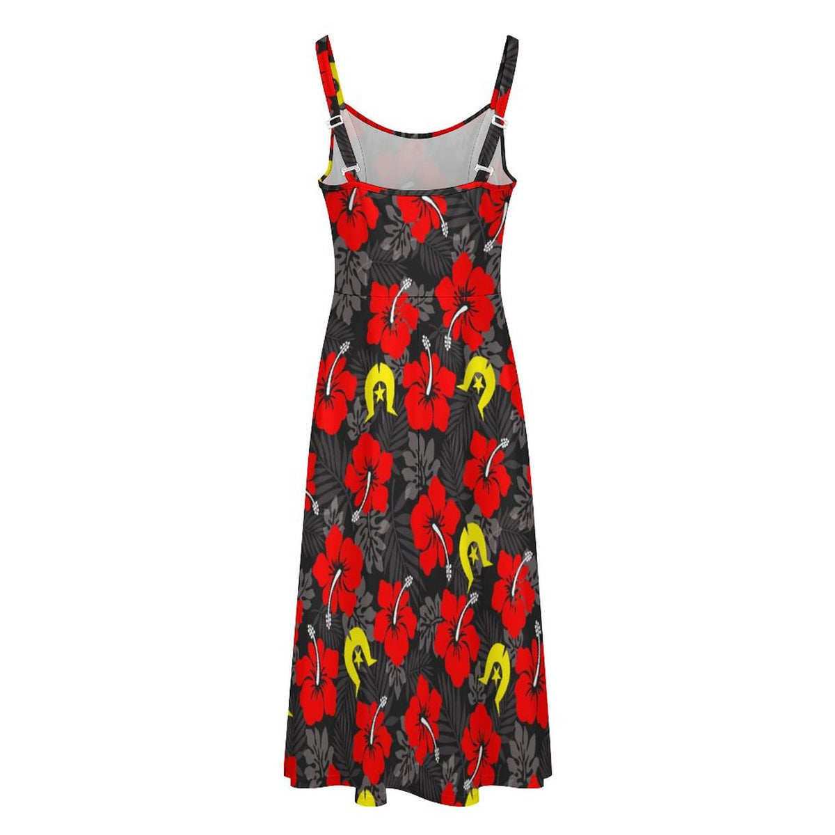 Royal Red Hibiscus with Yellow Dhari on Midi Spaghetti Strap Dress