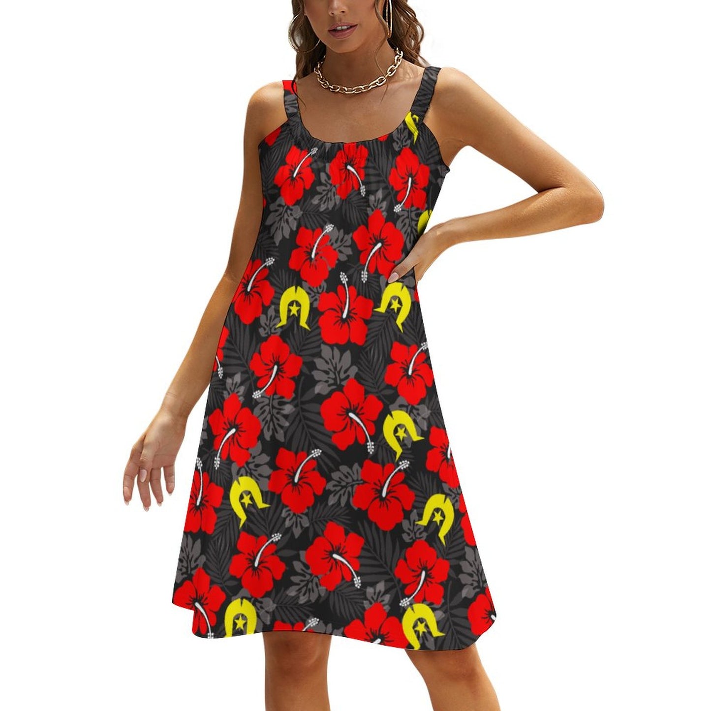 Royal Red Hibiscus with Yellow Dhari on Sleeveless Dress