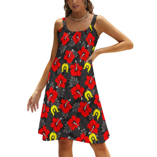 Royal Red Hibiscus with Yellow Dhari on Sleeveless Dress