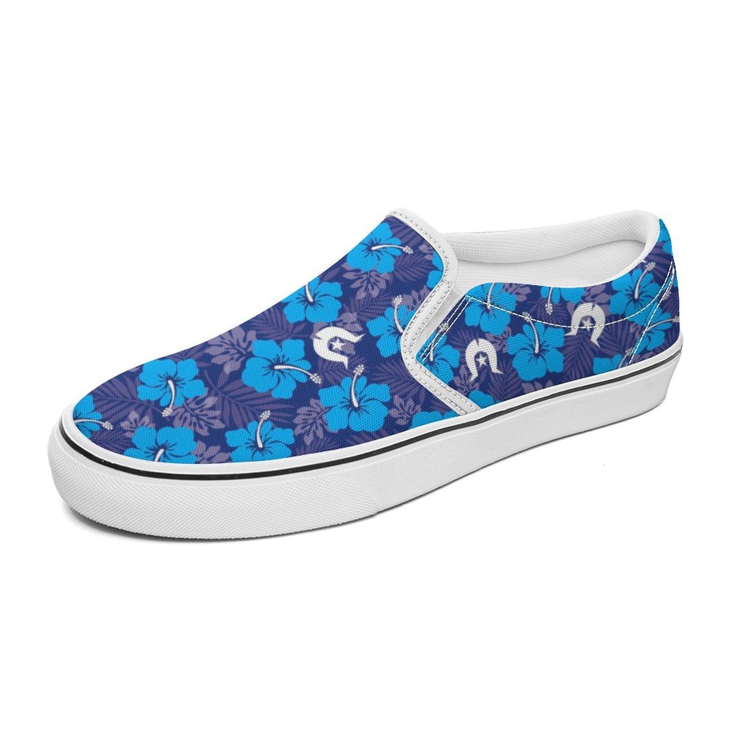 Hibiscus flowers with White Dhari (Royal blue) on Canvas Shoes for Teenagers