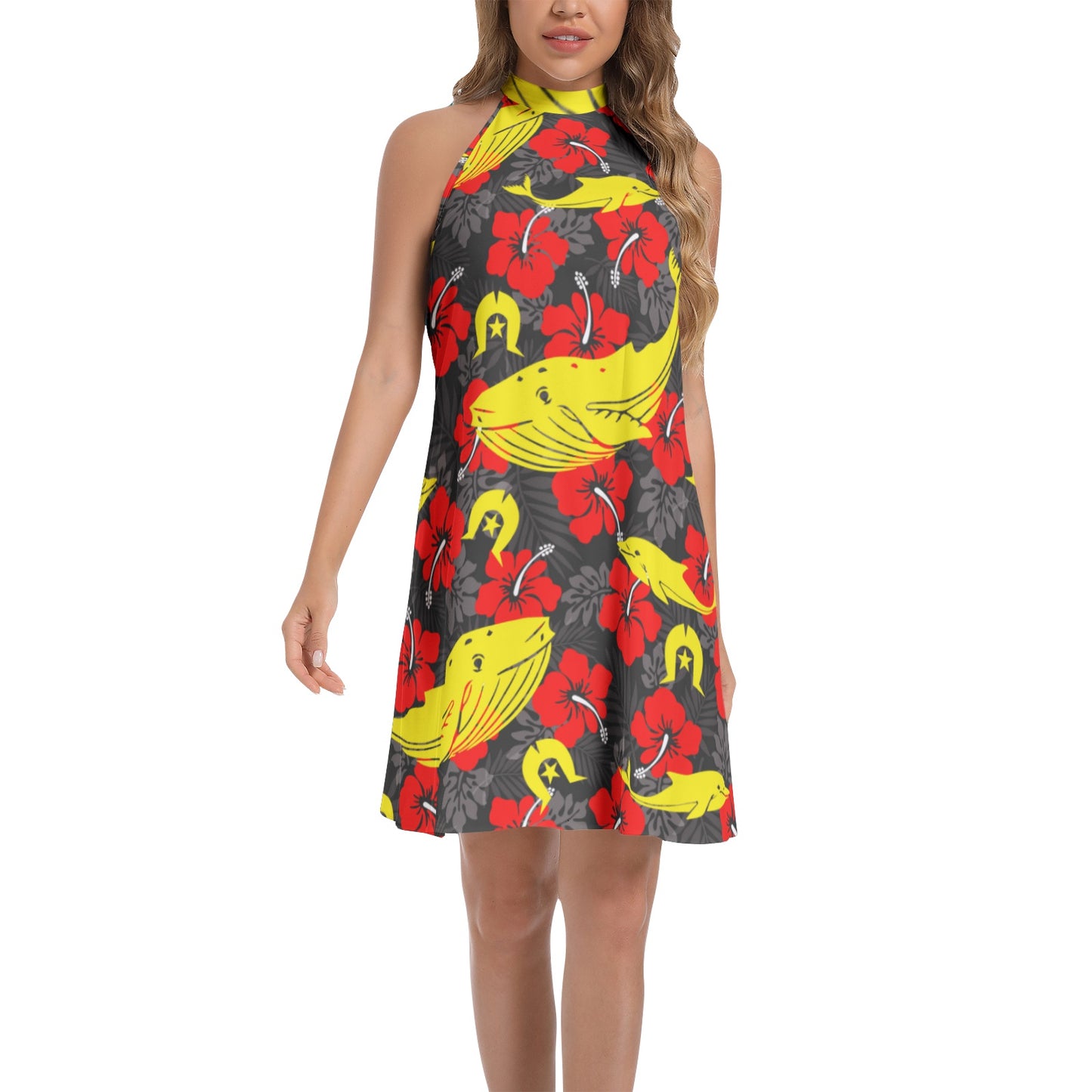 Royal Red Hibiscus with Yellow Dhari, Whale and Dolphin on Tie Back Halter Neck Flared Dress