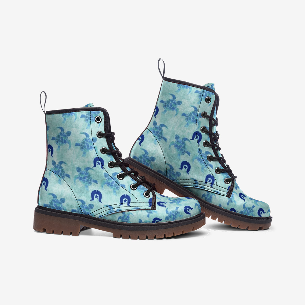 Blue Turtle Pattern on Casual Leather Lightweight Boots