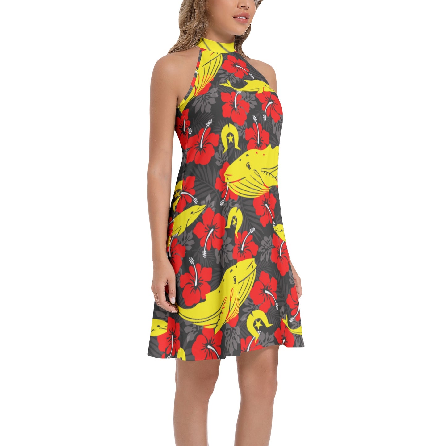 Royal Red Hibiscus with Yellow Dhari, Whale and Dolphin on Tie Back Halter Neck Flared Dress