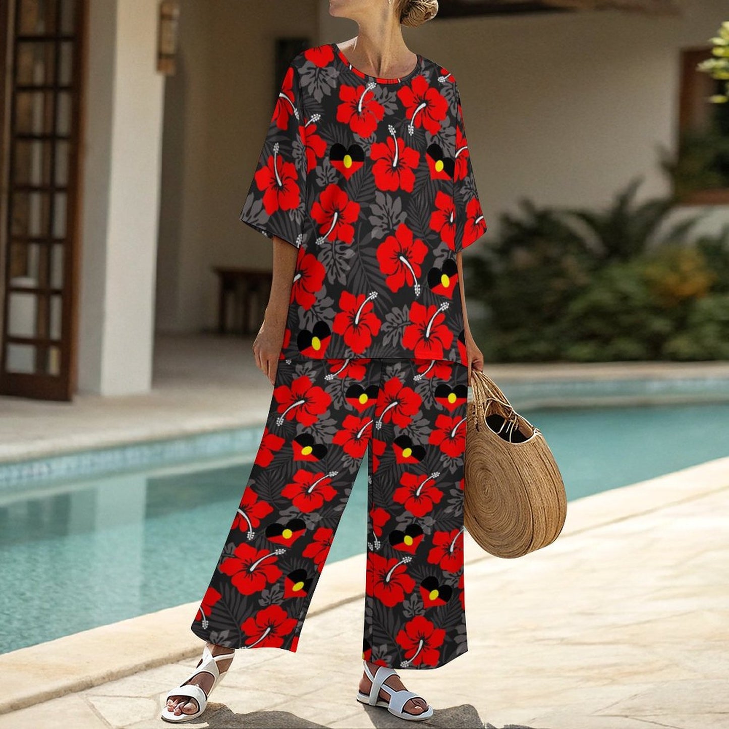 Hibiscus flowers with Aboriginal Heart Flag on Women's Mediterranean Style Set