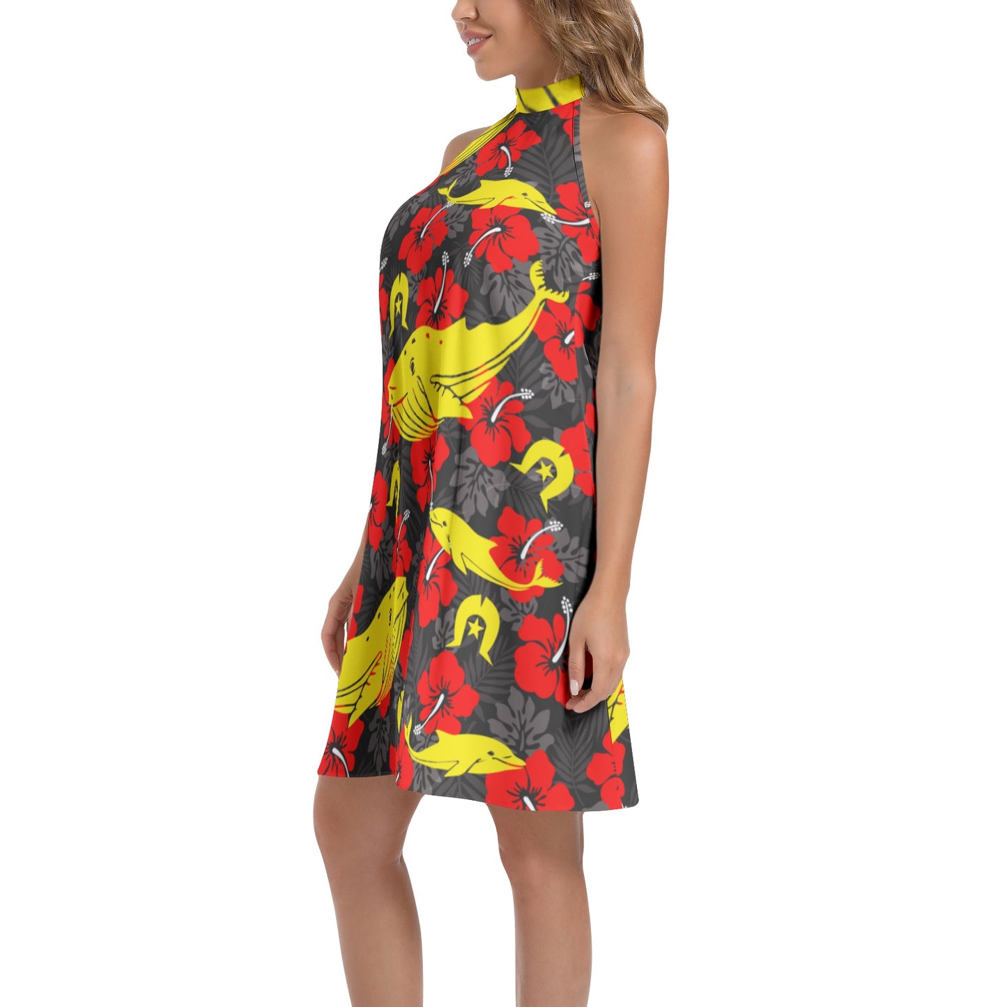 Royal Red Hibiscus with Yellow Dhari, Whale and Dolphin on Tie Back Halter Neck Flared Dress