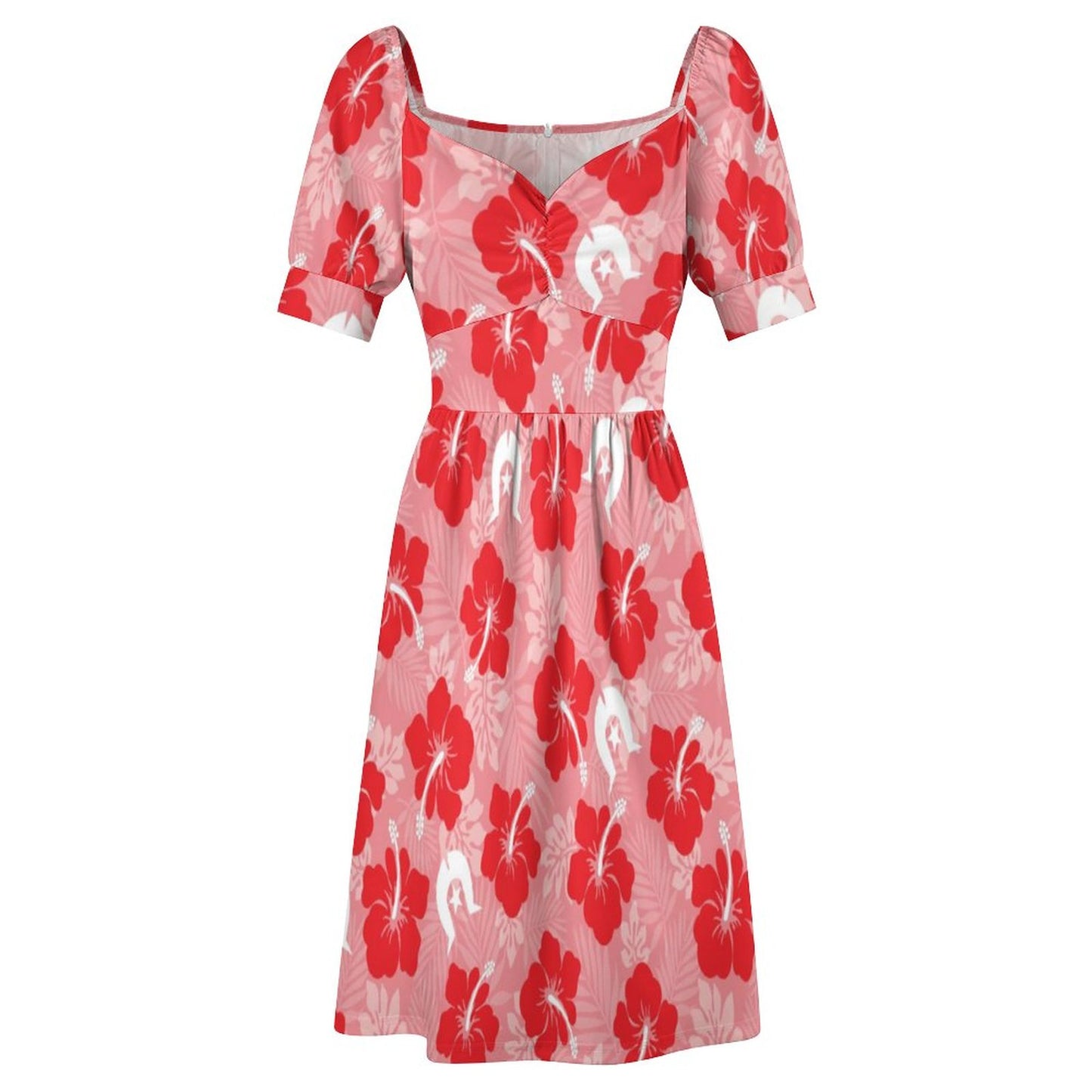 White Hibiscus flowers with Dhari (Red) on Short Sleeve V Neck Lovely Dress