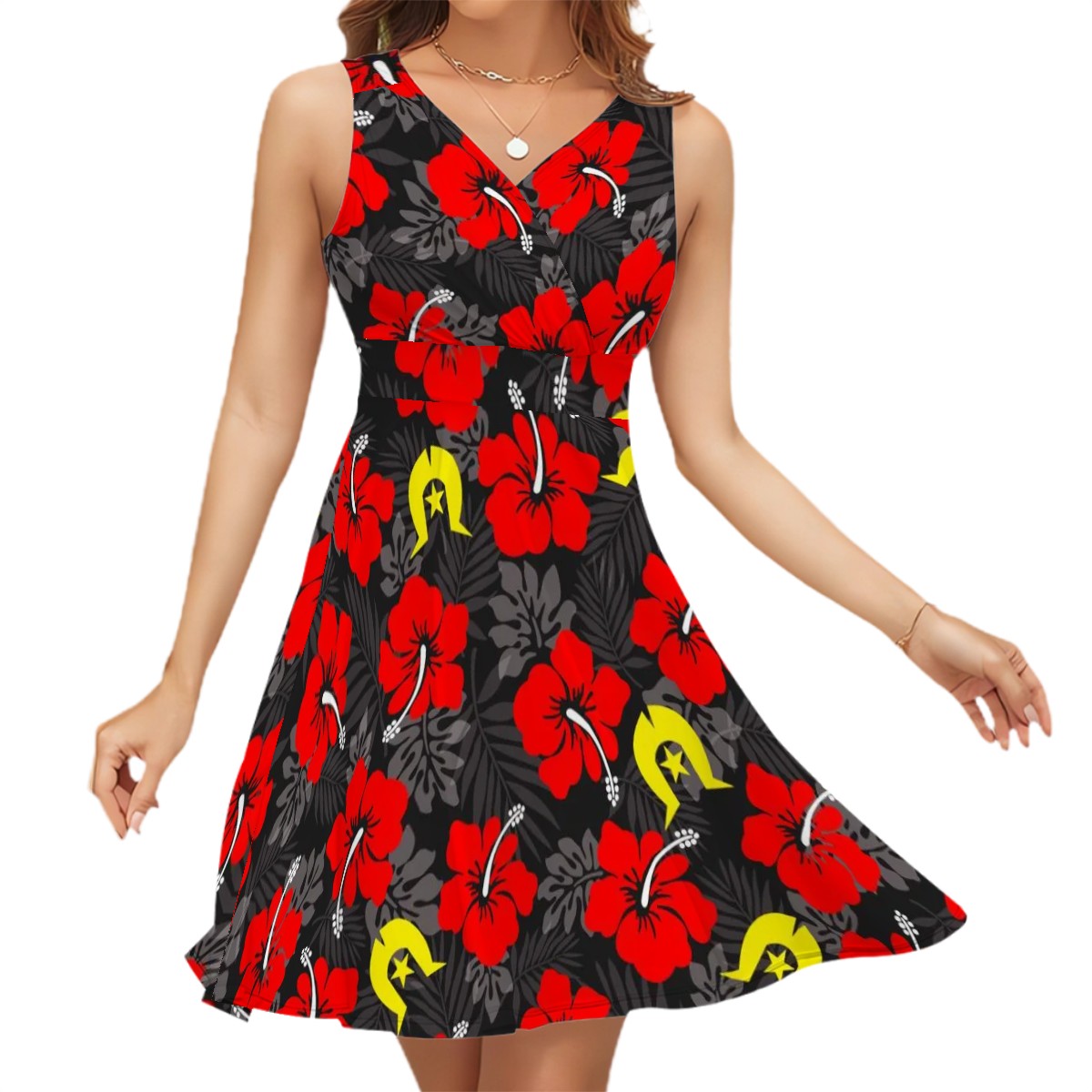 Royal Red Hibiscus with Yellow Dhari on Sleeveless V Neck Dress
