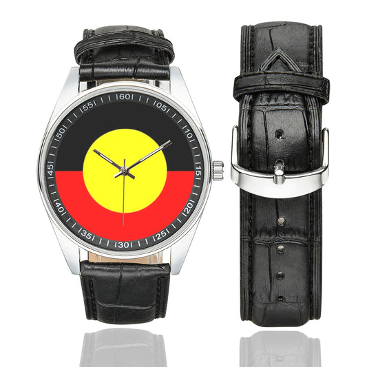 Aboriginal flag on Men's Casual  Leather Strap Watch