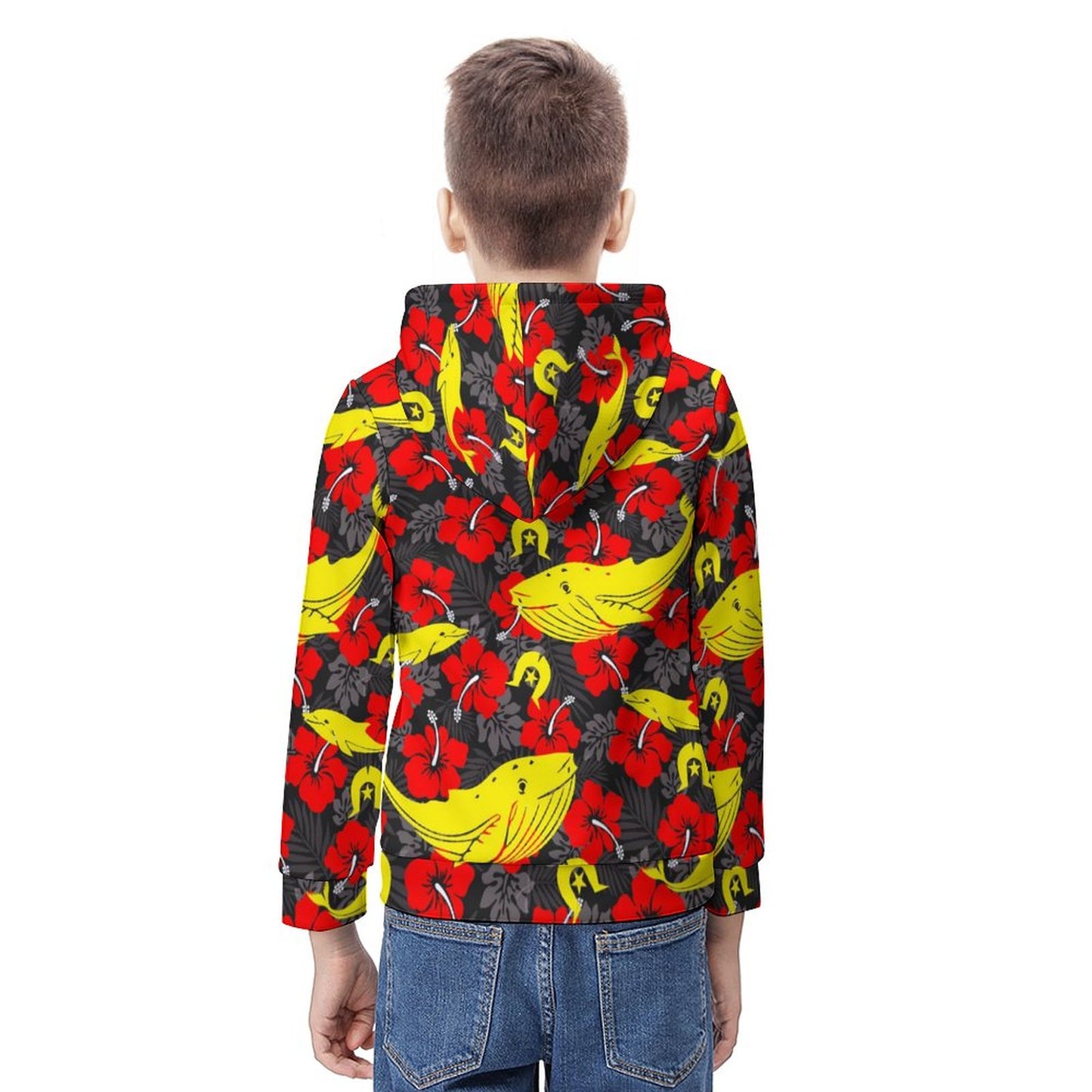 Royal Red Hibiscus with Yellow Dhari, Whale and Dolphin on Youth's Hoodie