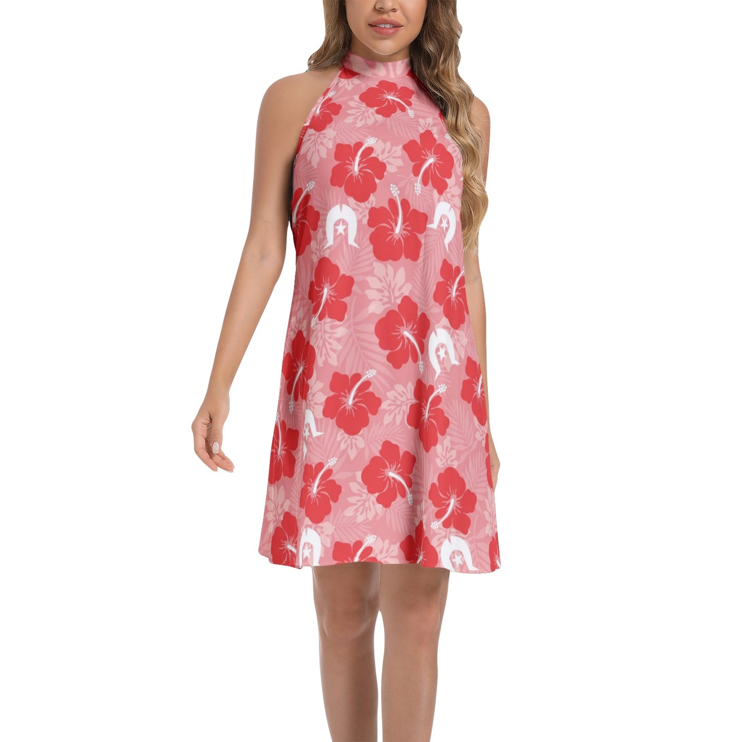Hibiscus flowers with Dhari (Royal Pink) on Tie Back Halter Neck Flared Dress