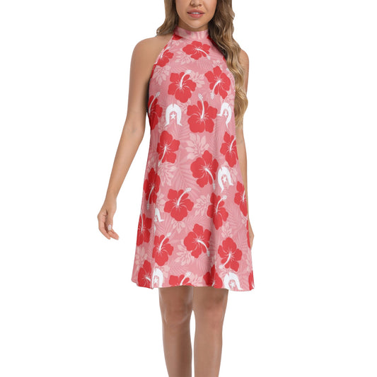 Hibiscus flowers with Dhari (Royal Pink) on Tie Back Halter Neck Flared Dress