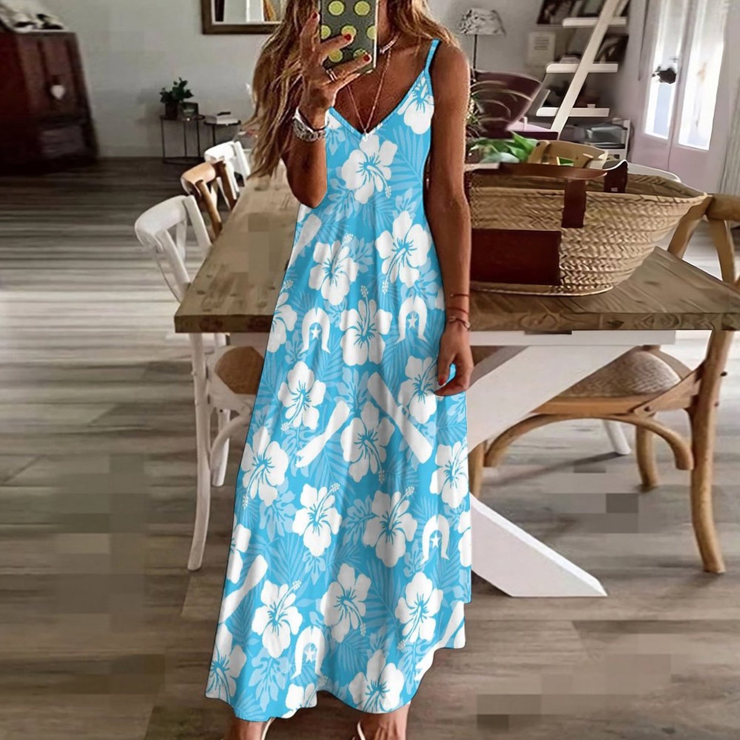 White Hibiscus flowers, Warup and Dhari on Ankle-length Slip Dress BDQ