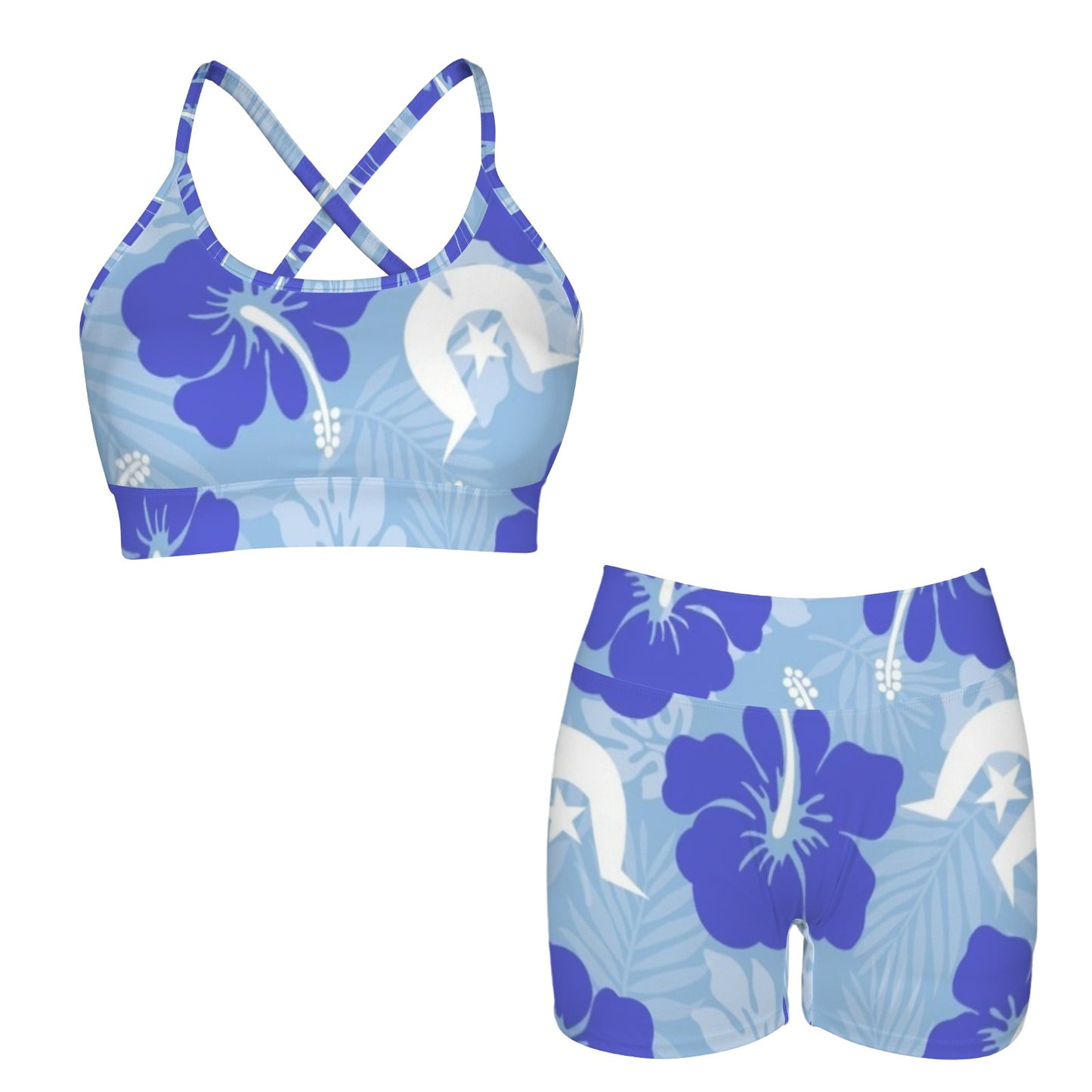 Hibiscus flowers with White Dhari (Sky blue) on Cross Back String Sports Bra & High Waist Shorts Active Sets