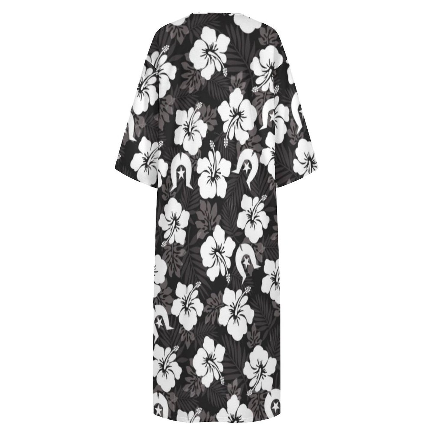 White Hibiscus and Dhari (Black) on Mediterranean Style V Neck Mid-Sleeve Robe