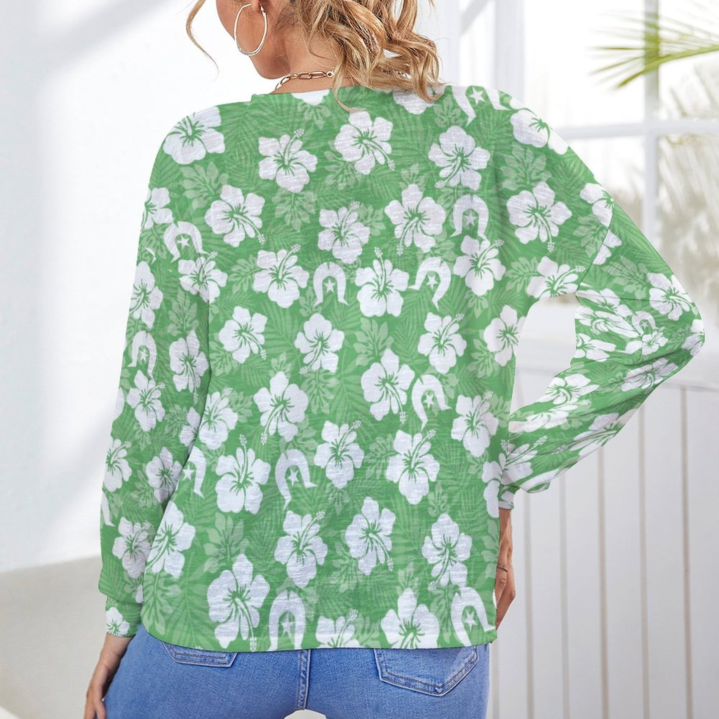 White Hibiscus flowers with Dhari (Green) on Long Sleeve Drop Shoulder Open Shirt