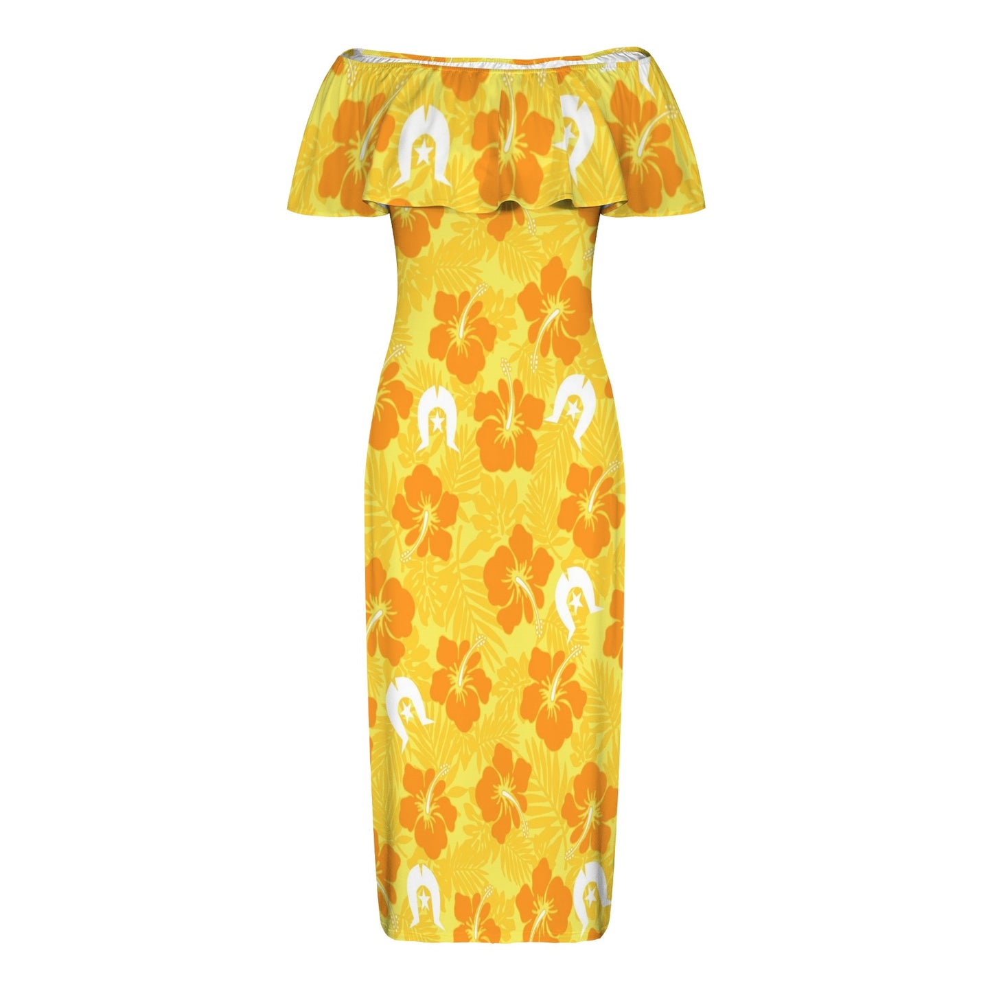 Hibiscus flowers with Dhari (Gold) on Women's Off Shoulder Ruffle Boat Neck Dress