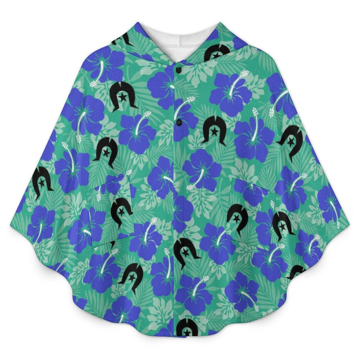 Royal Blue Hibiscus flowers with Black Dhari on Fleece Hooded Cape for Adults