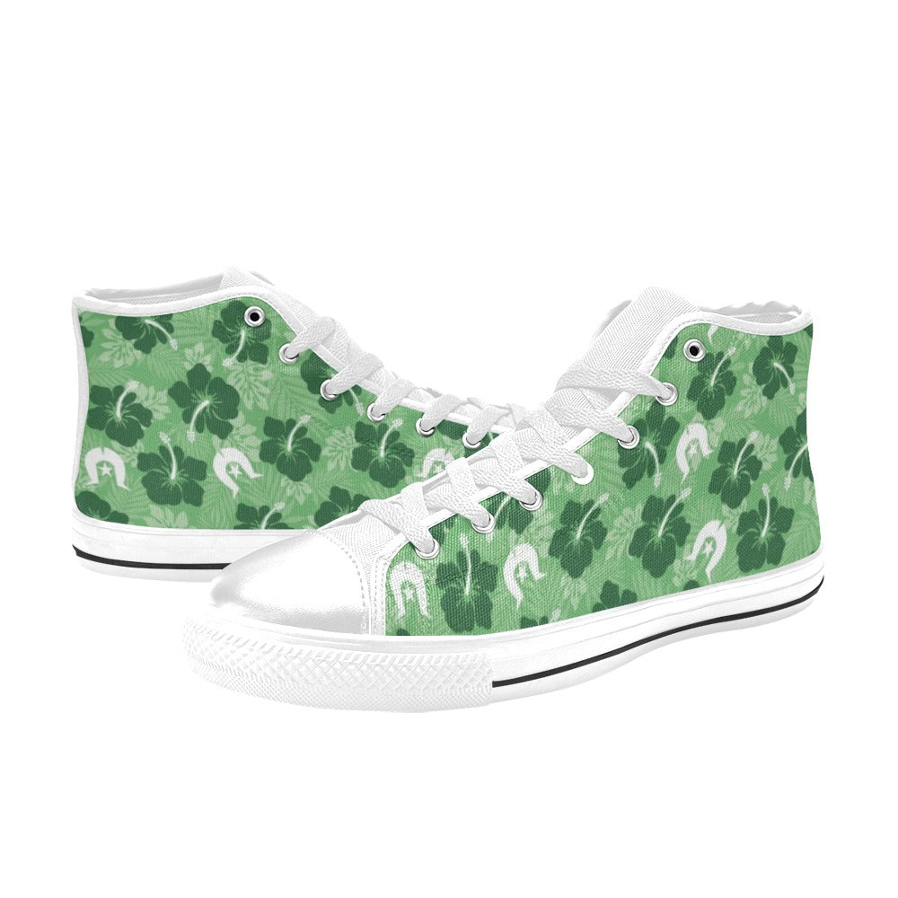 Hibiscus flowers with White Dhari (Sea Grass Green) on Women's High Top Canvas Shoes