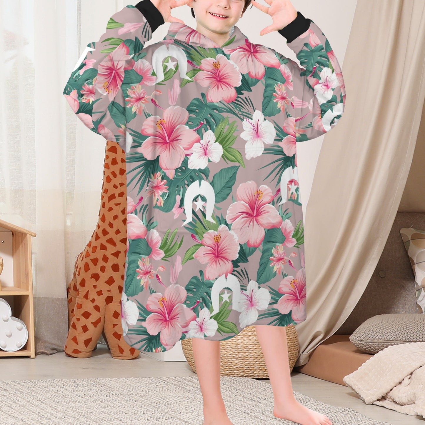Pink Hibiscus flowers with White Dhari on Blanket Hoodie for Big Kids