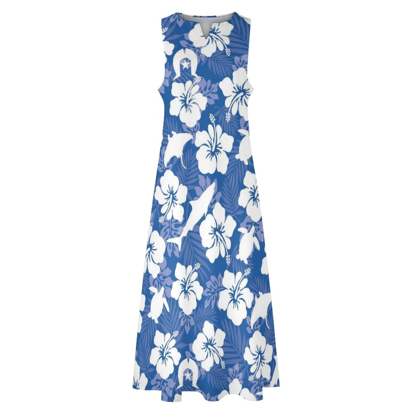 White hibiscus flowers with Dhari, Shark, turtle, and stingray on Sleeveless Ankle-length Dress