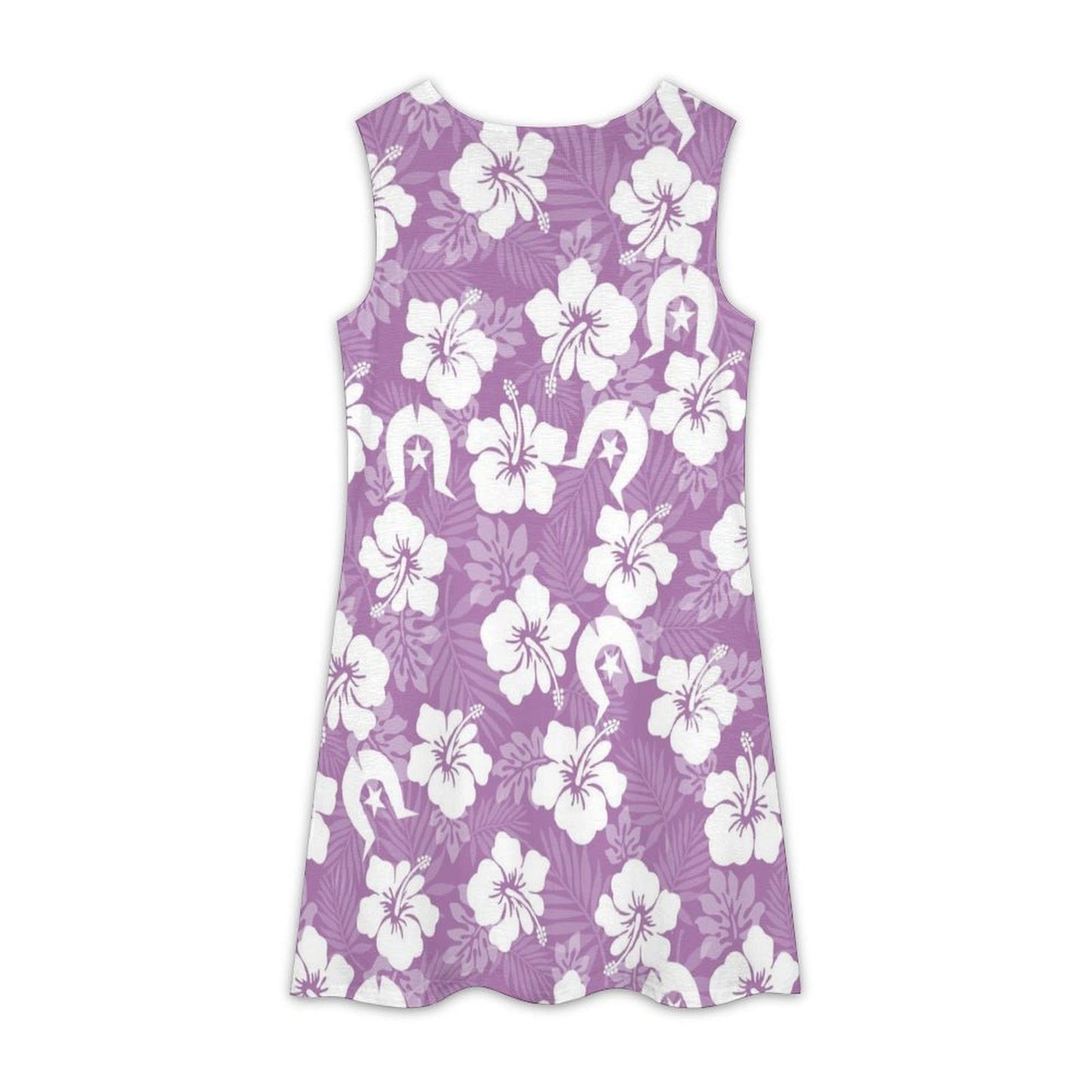 White Hibiscus flowers with Dhari (Purple) on Sleeveless Dress