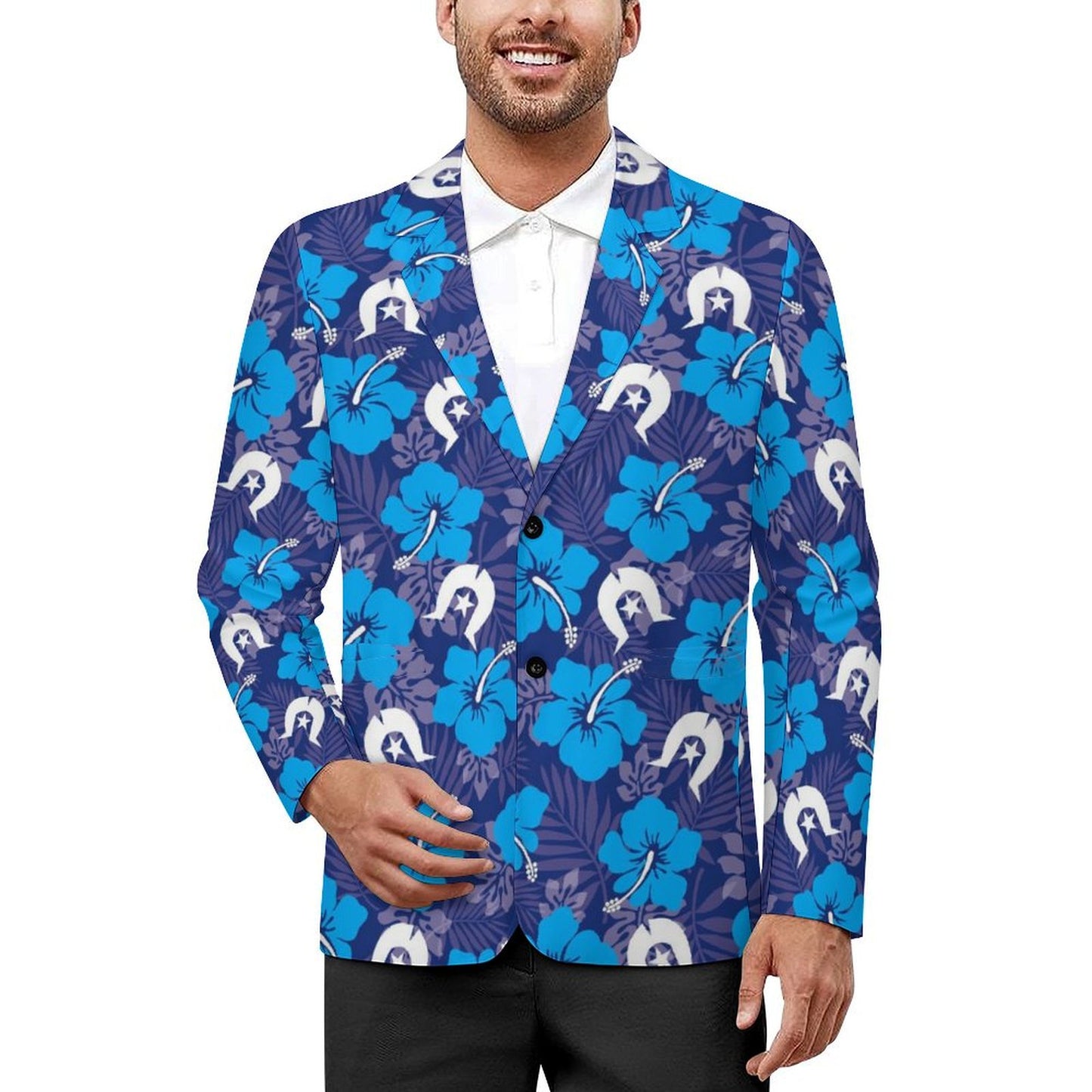 Hibiscus flowers with White Dhari (Royal blue) on Men's Blazer