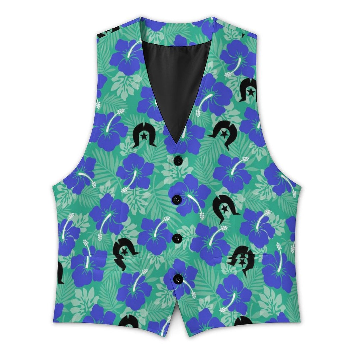 Royal Blue Hibiscus flowers with Black Dhari on Men's Sleeveless Suit Vest