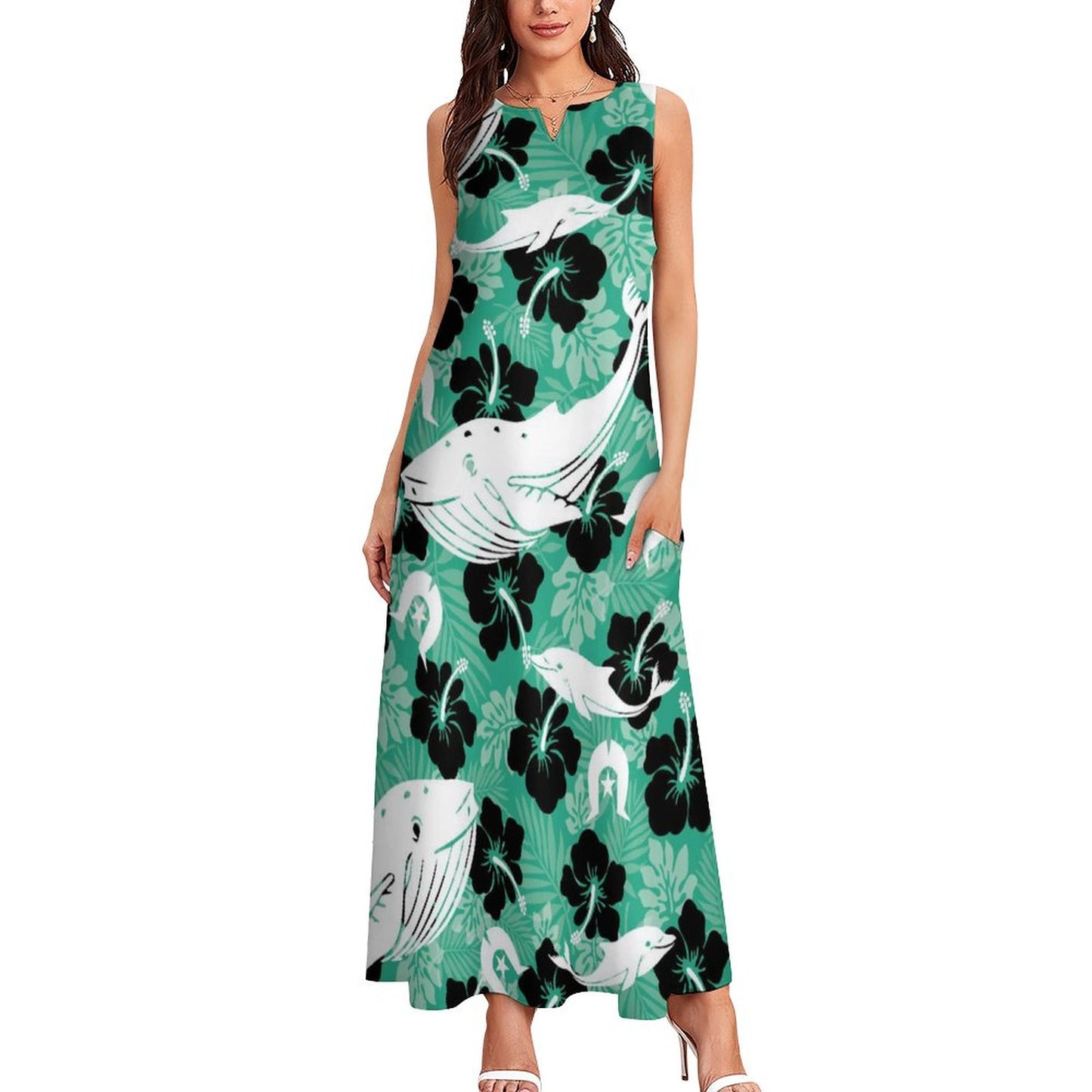 Black Hibiscus with Whale, Dolphin and Dhari on Sleeveless Ankle-length Dress