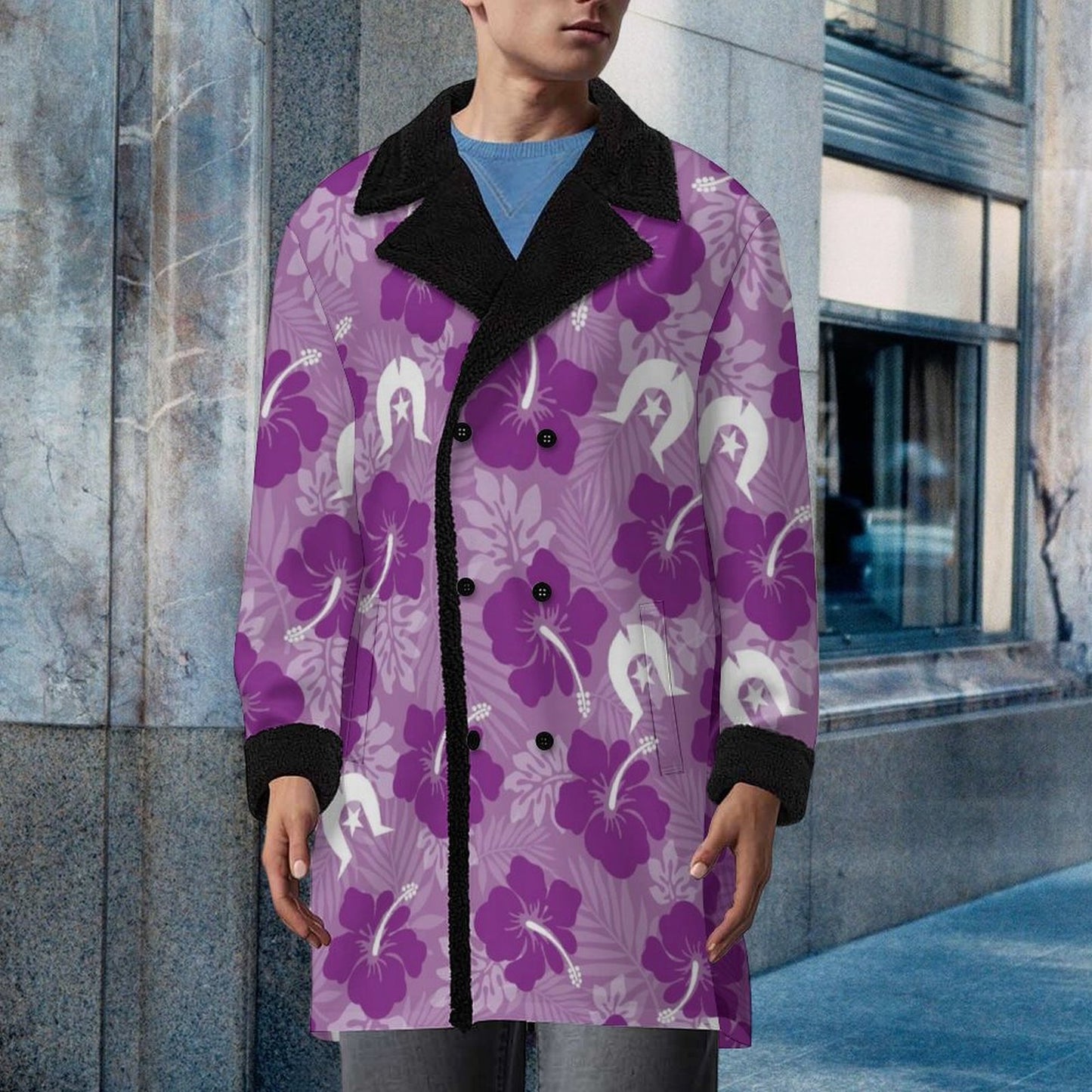 Hibiscus flowers with Dhari (Royal purple) on Men's Double Breasted Coat