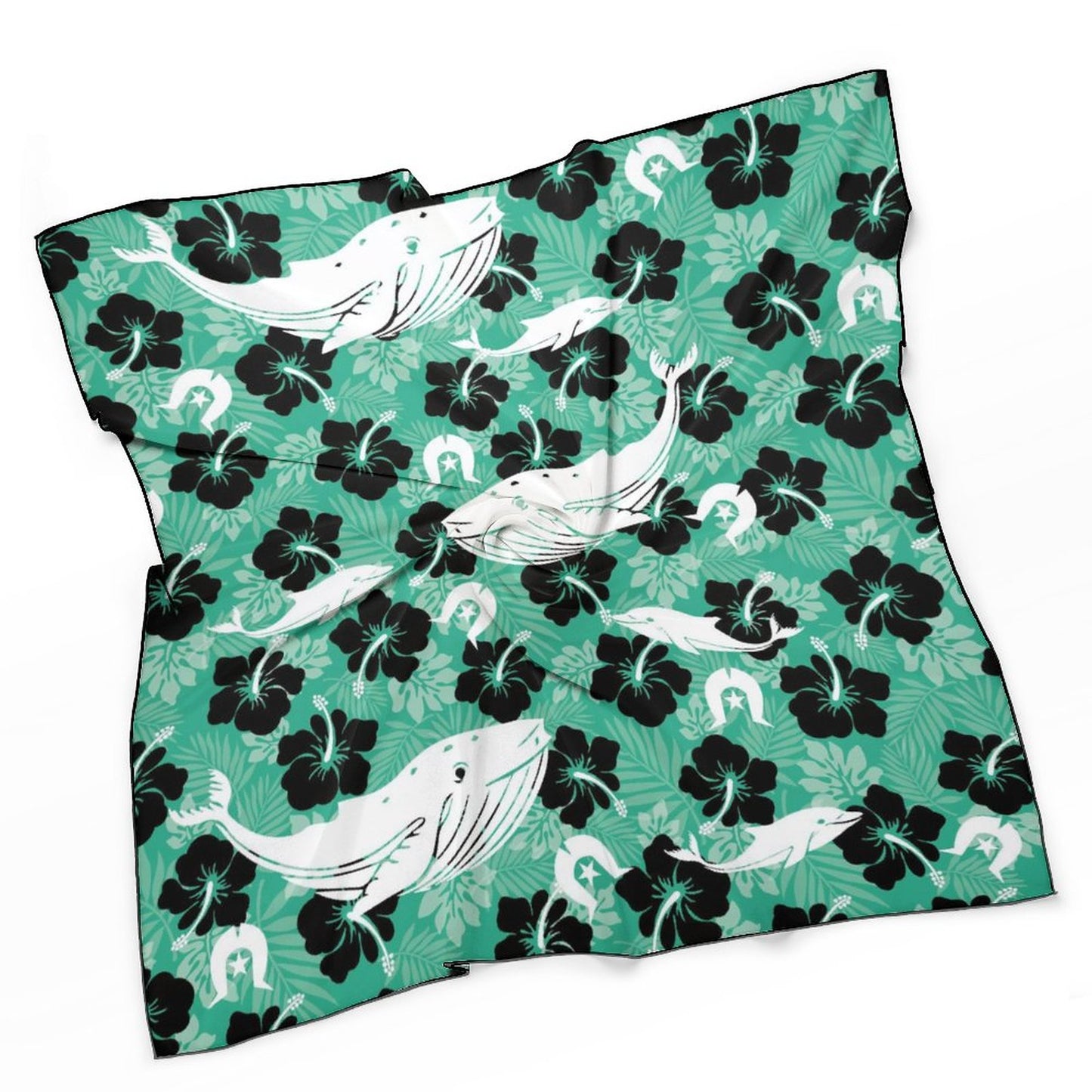 Black Hibiscus with Whale, Dolphin and Dhari on Women's Scarf