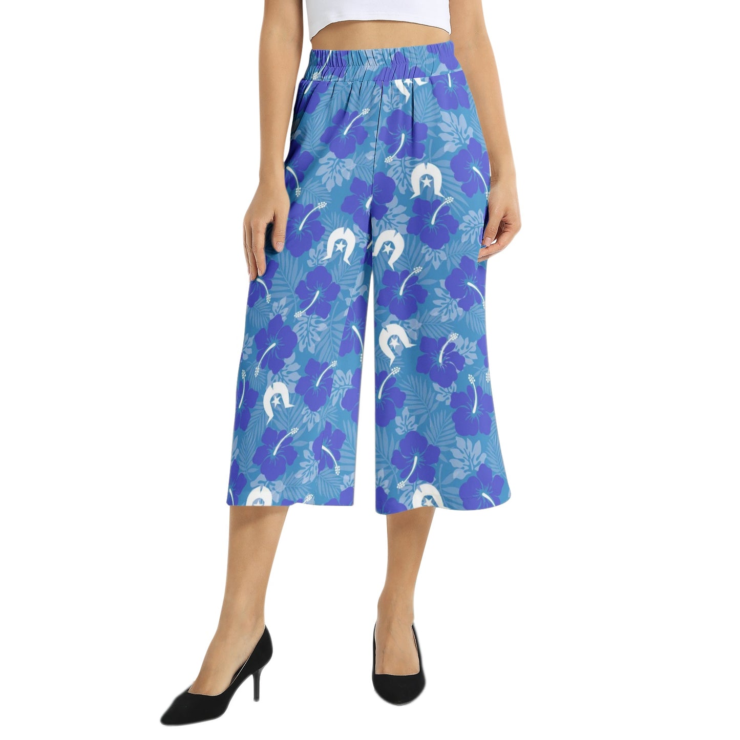 Hibiscus flowers with Dhari (Royal blue) on Elastic Waist Capris Wide Leg Pant