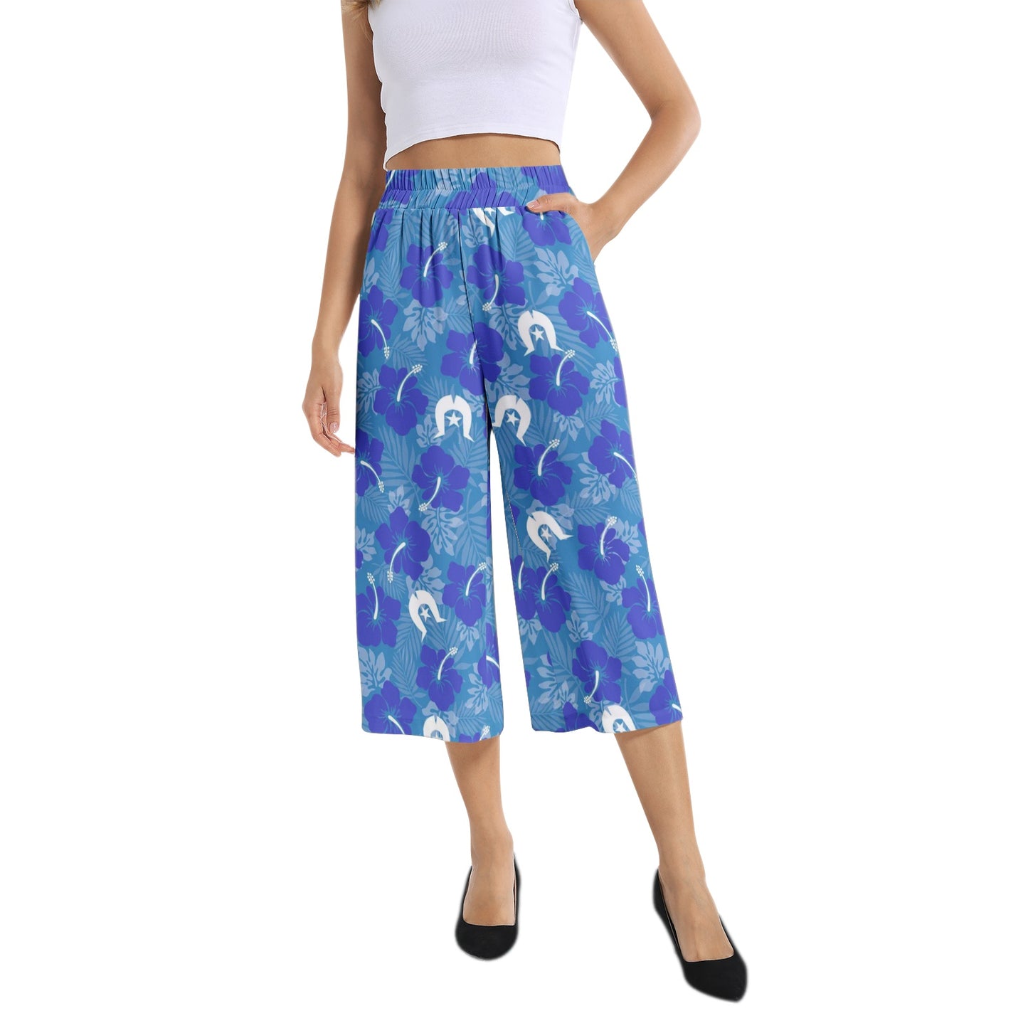 Hibiscus flowers with Dhari (Royal blue) on Elastic Waist Capris Wide Leg Pant