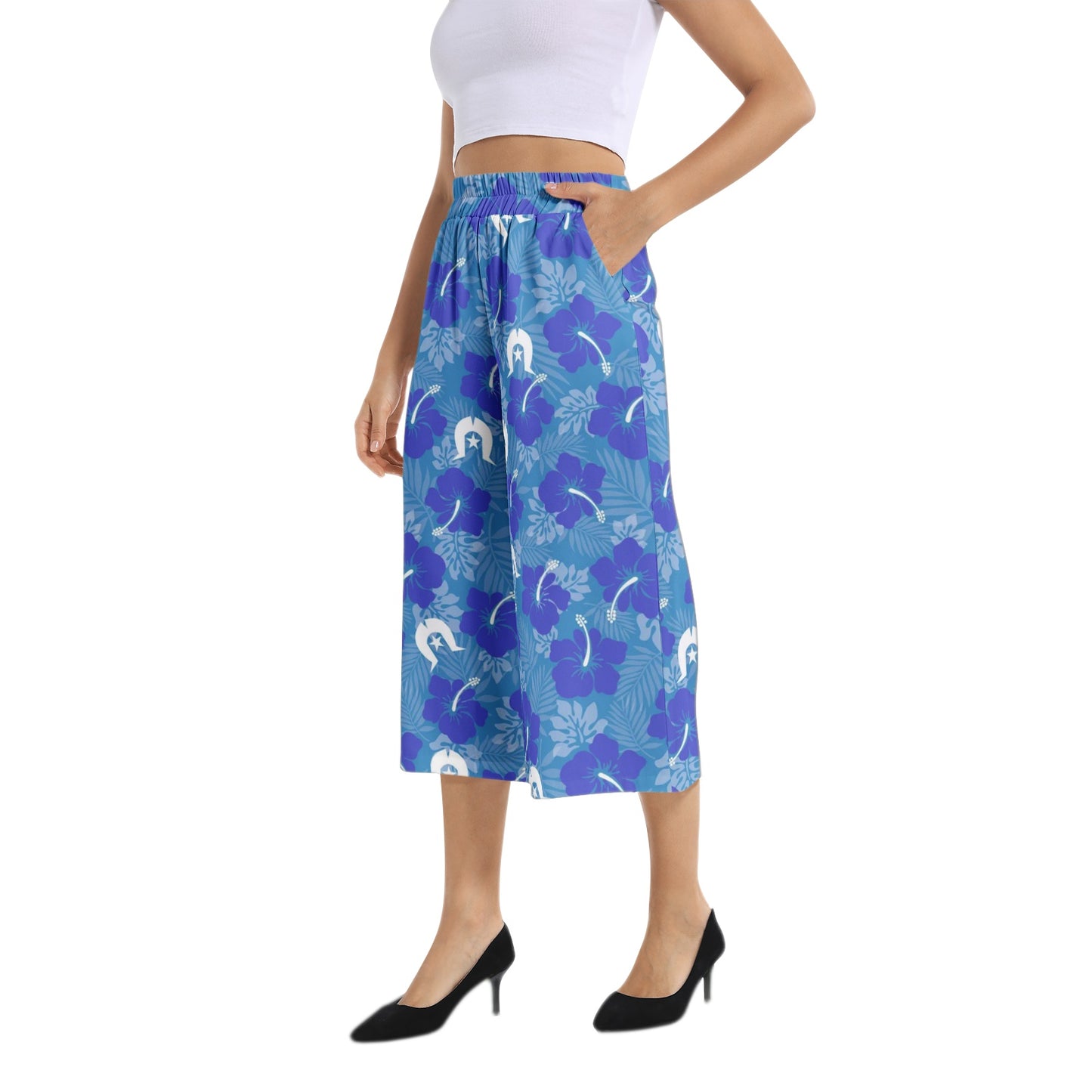 Hibiscus flowers with Dhari (Royal blue) on Elastic Waist Capris Wide Leg Pant