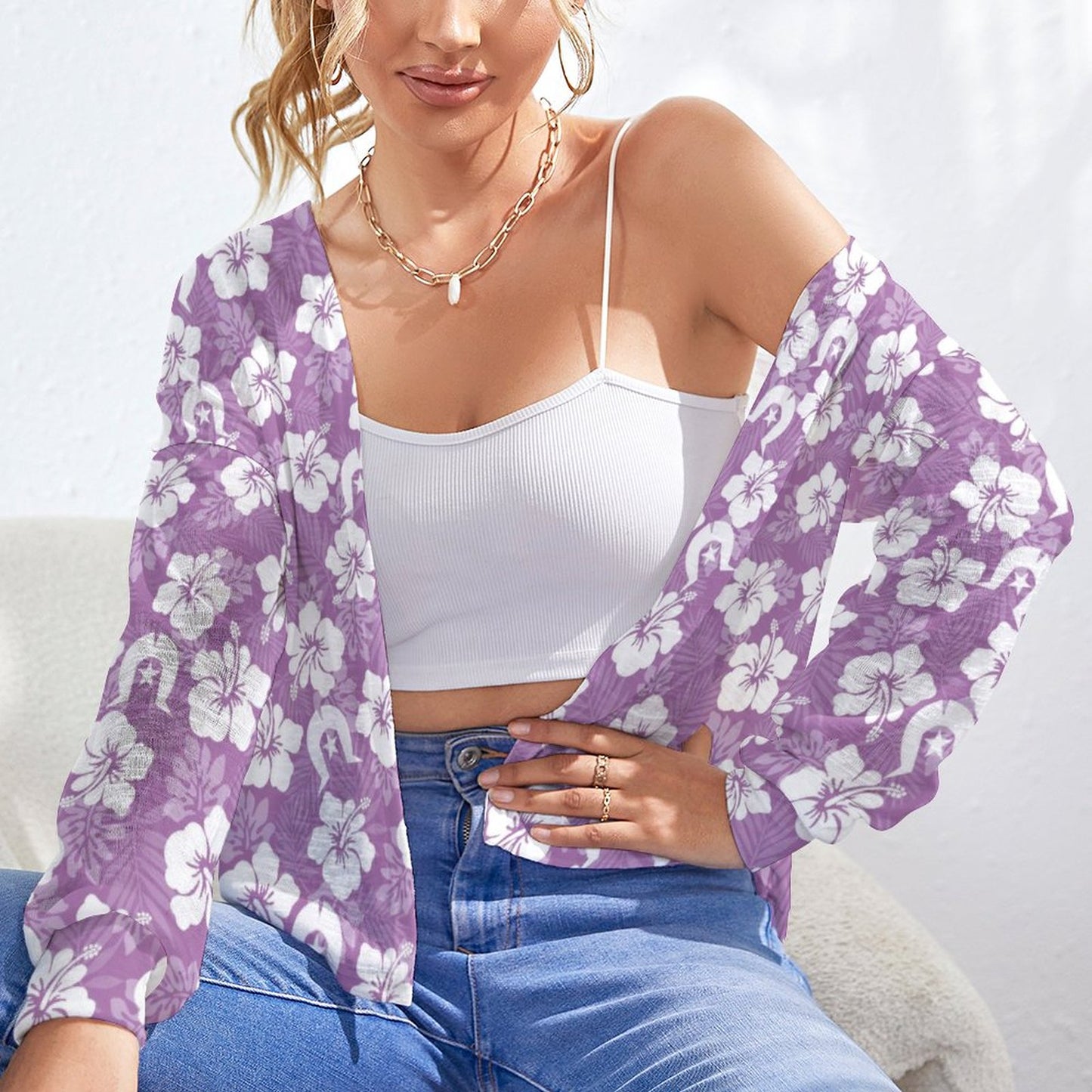 White Hibiscus and Dhari (Purple) on Long Sleeve Drop Shoulder Open Shirt