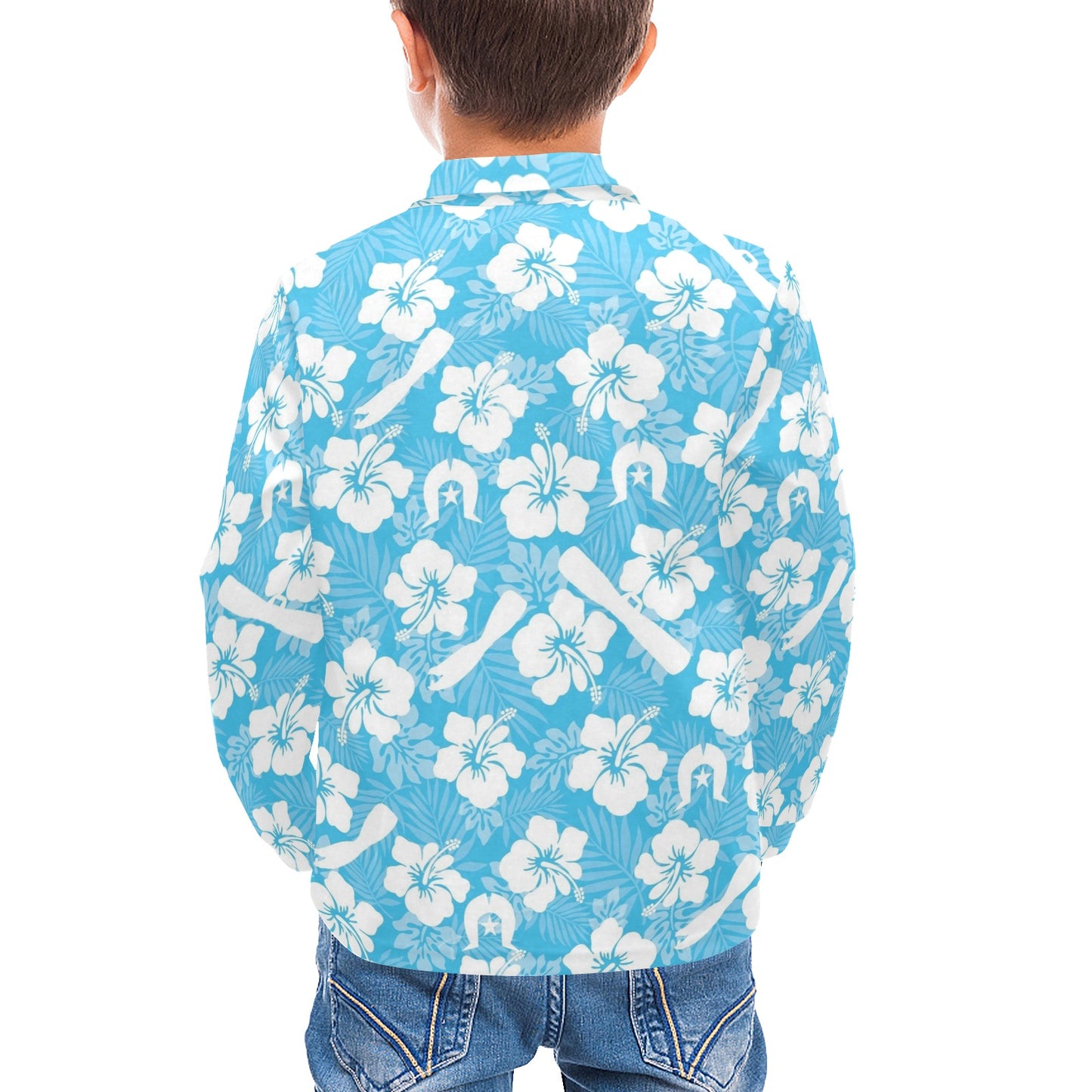White Hibiscus flowers, Warup and Dhari on Little Boys' Long Sleeve Polo Shirt