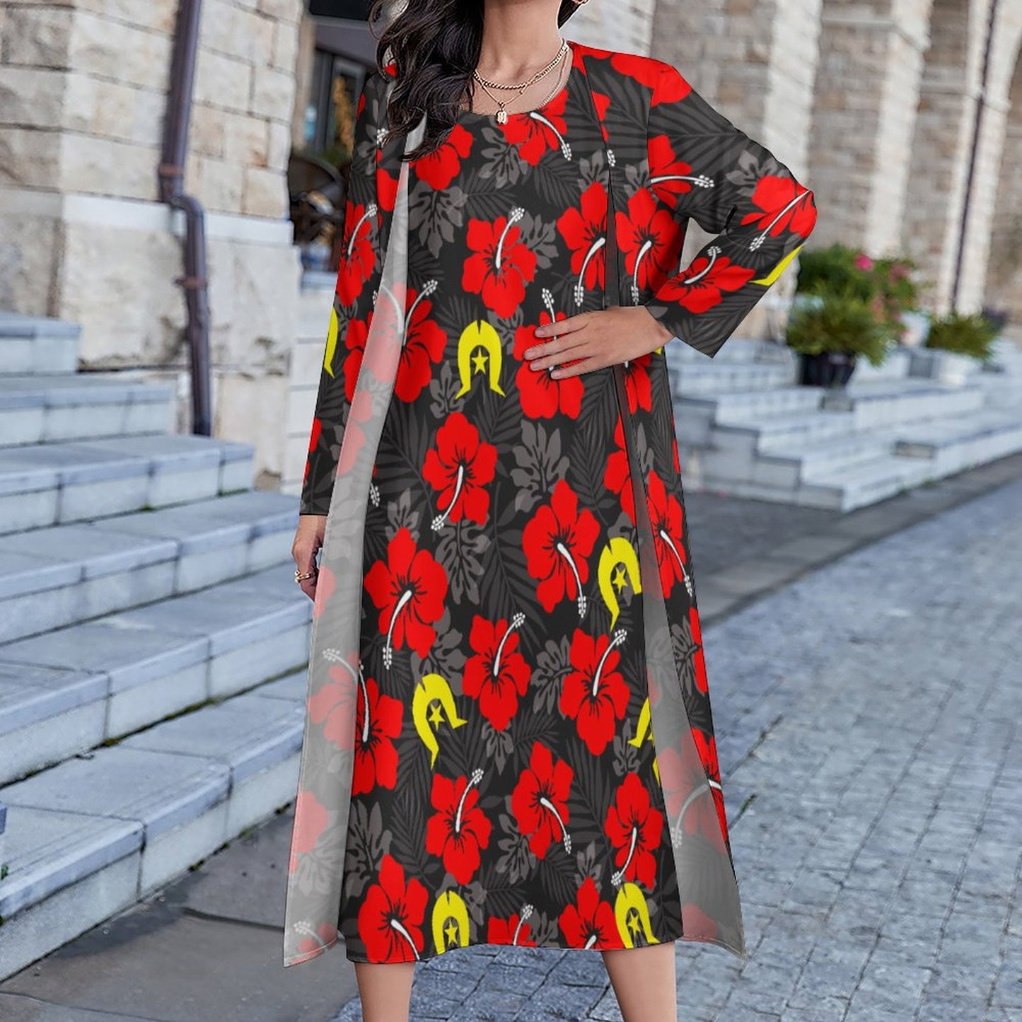 Royal Red Hibiscus with Yellow Dhari on Long Dress Set