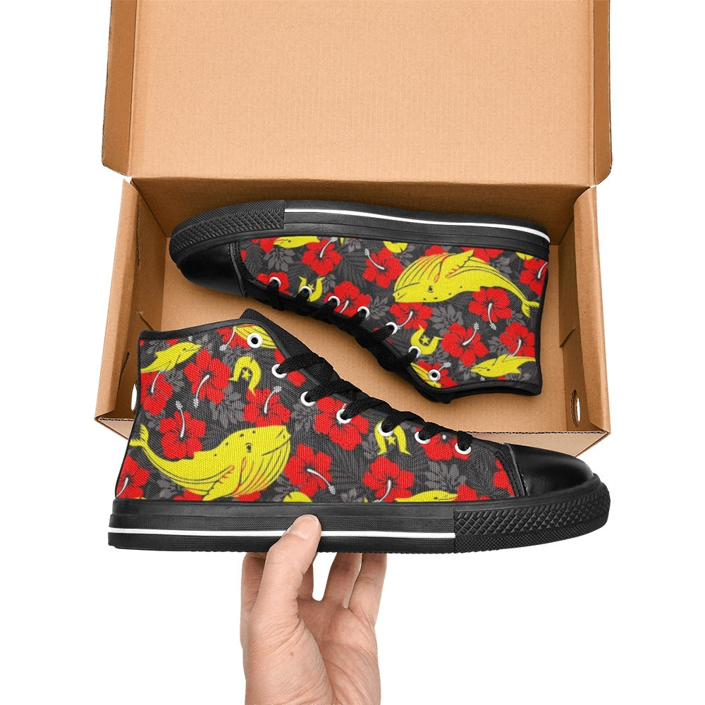 Royal Red Hibiscus with Yellow Dhari, Whale and Dolphin on Women's High Top Canvas Shoes