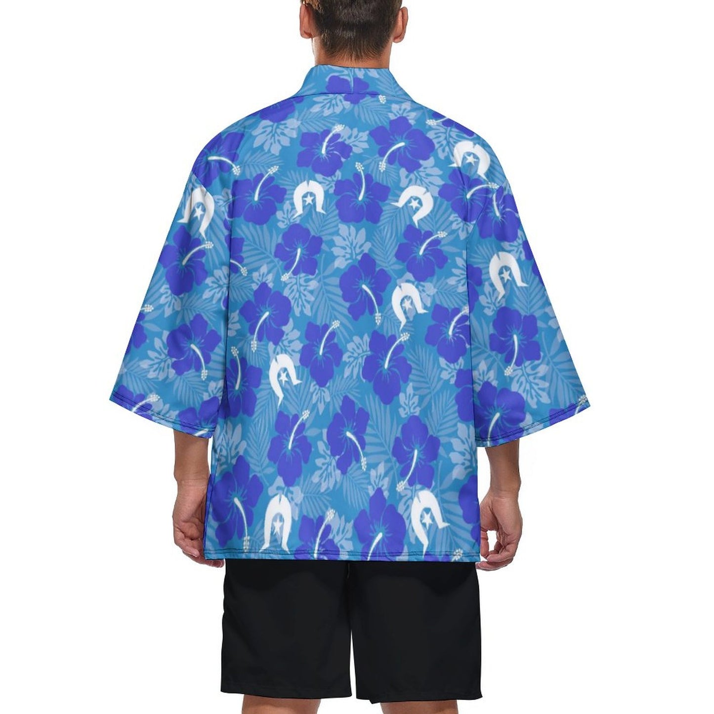 Hibiscus flowers with Dhari (Royal blue) on Drop Shoulder Male Kimono Cardigan
