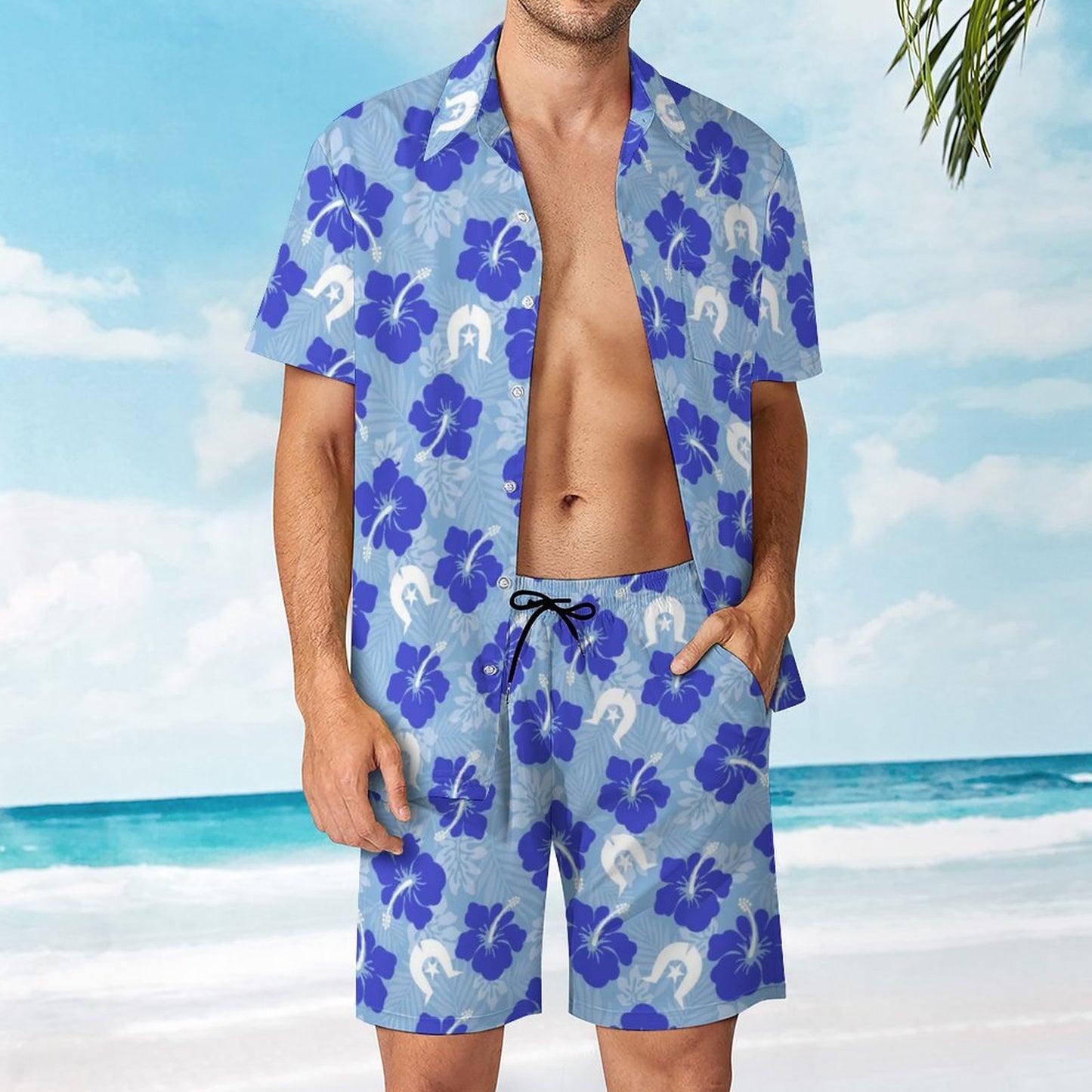 Hibiscus flowers with White Dhari (Sky blue) on Hawaiian Suits for Men
