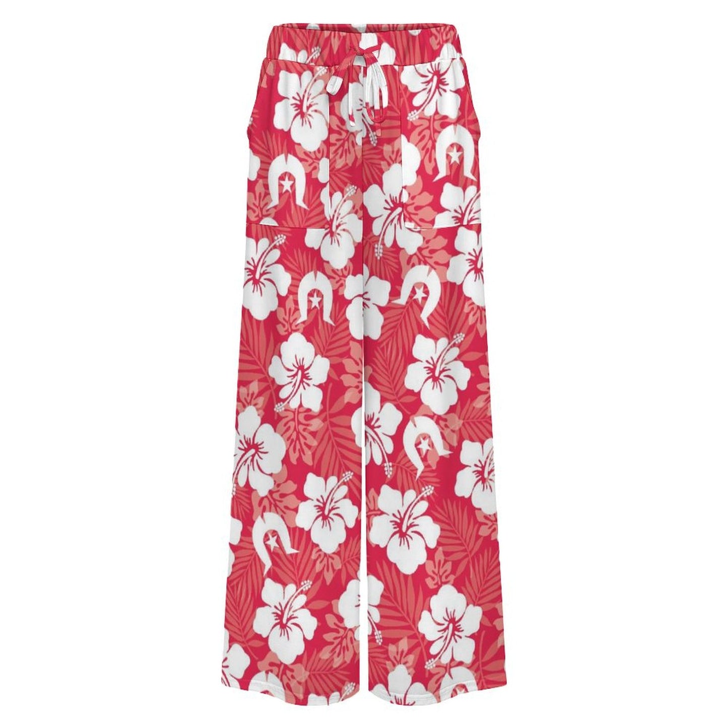 White Hibiscus flowers with Dhari (Red) on Women’s Wide-Leg Pants
