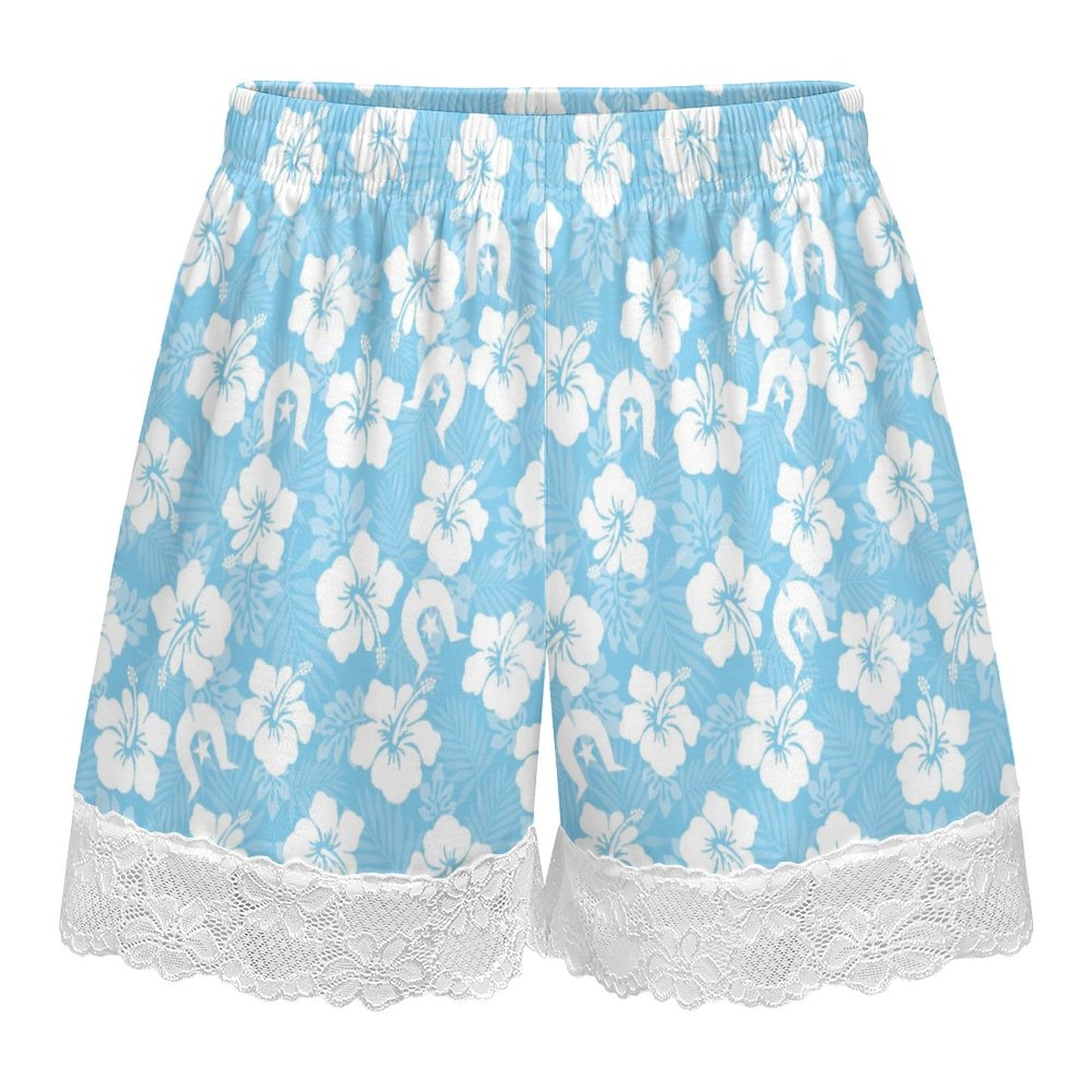 White hibiscus and Dhari (Blue) on 200gsm Women's Lace Trim Pajama Shorts