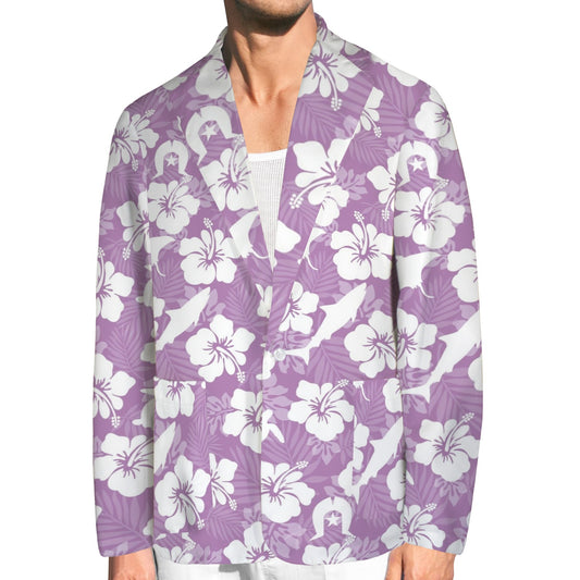 White hibiscus flowers with Dhari, Shark, turtle, and stingray (Purple) Men's Blazer